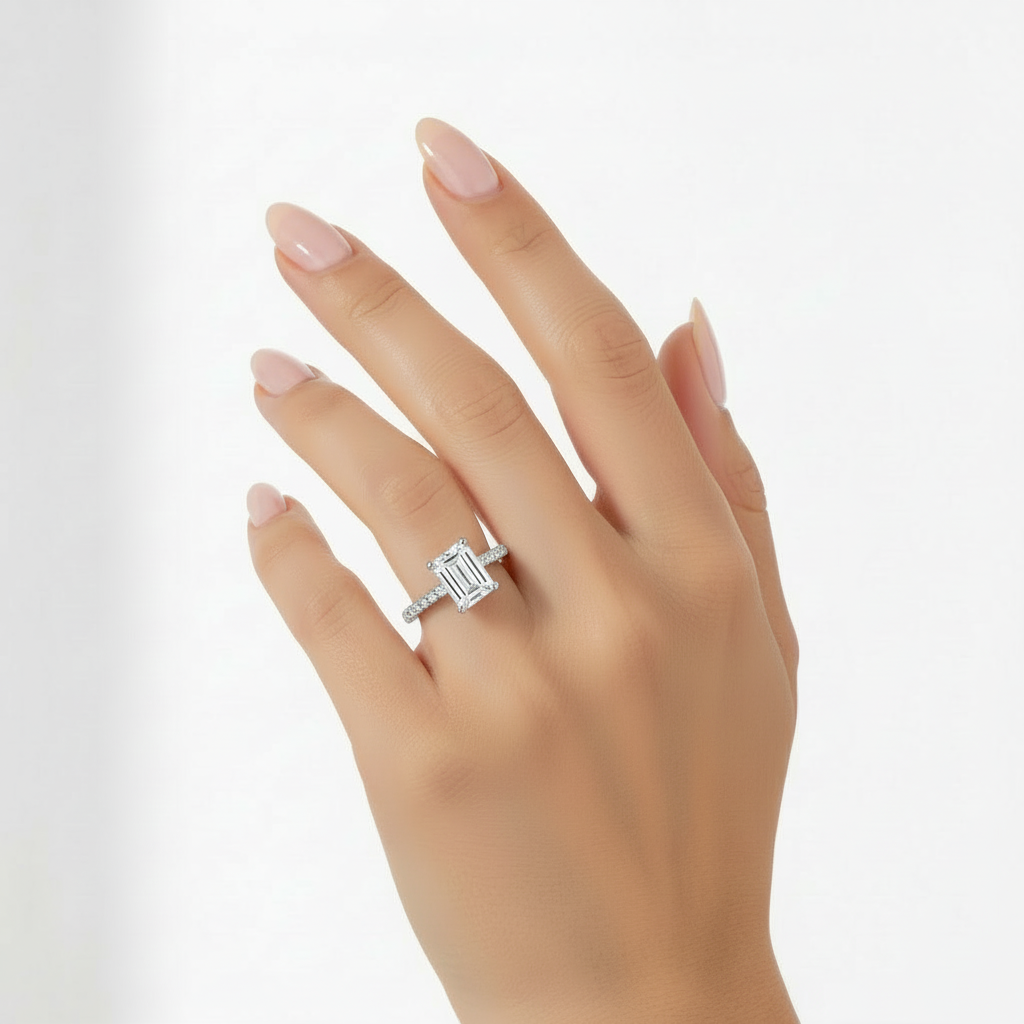 14k emerald cut lab diamond ring hand model