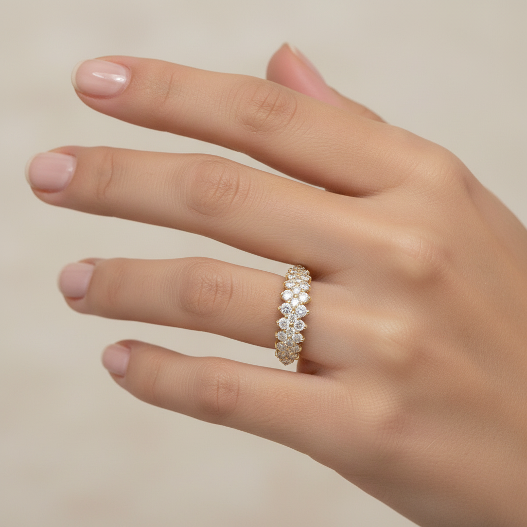 Luxury diamond anniversary ring in 14K gold hand model