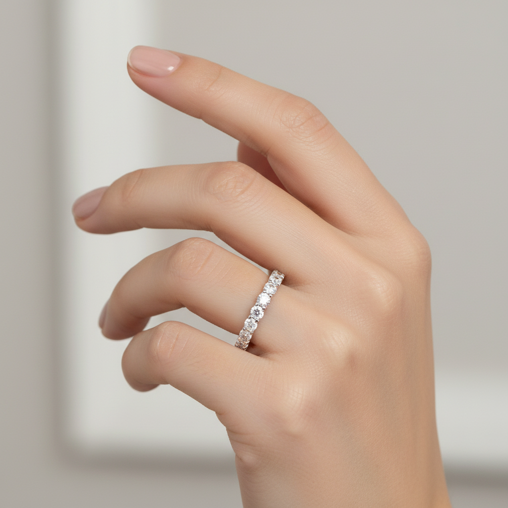 White gold lab grown diamond wedding band hand model