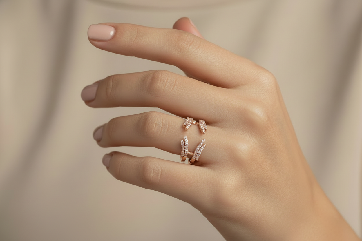 Model wearing elegant open diamond enhancer ring in 14K rose gold
