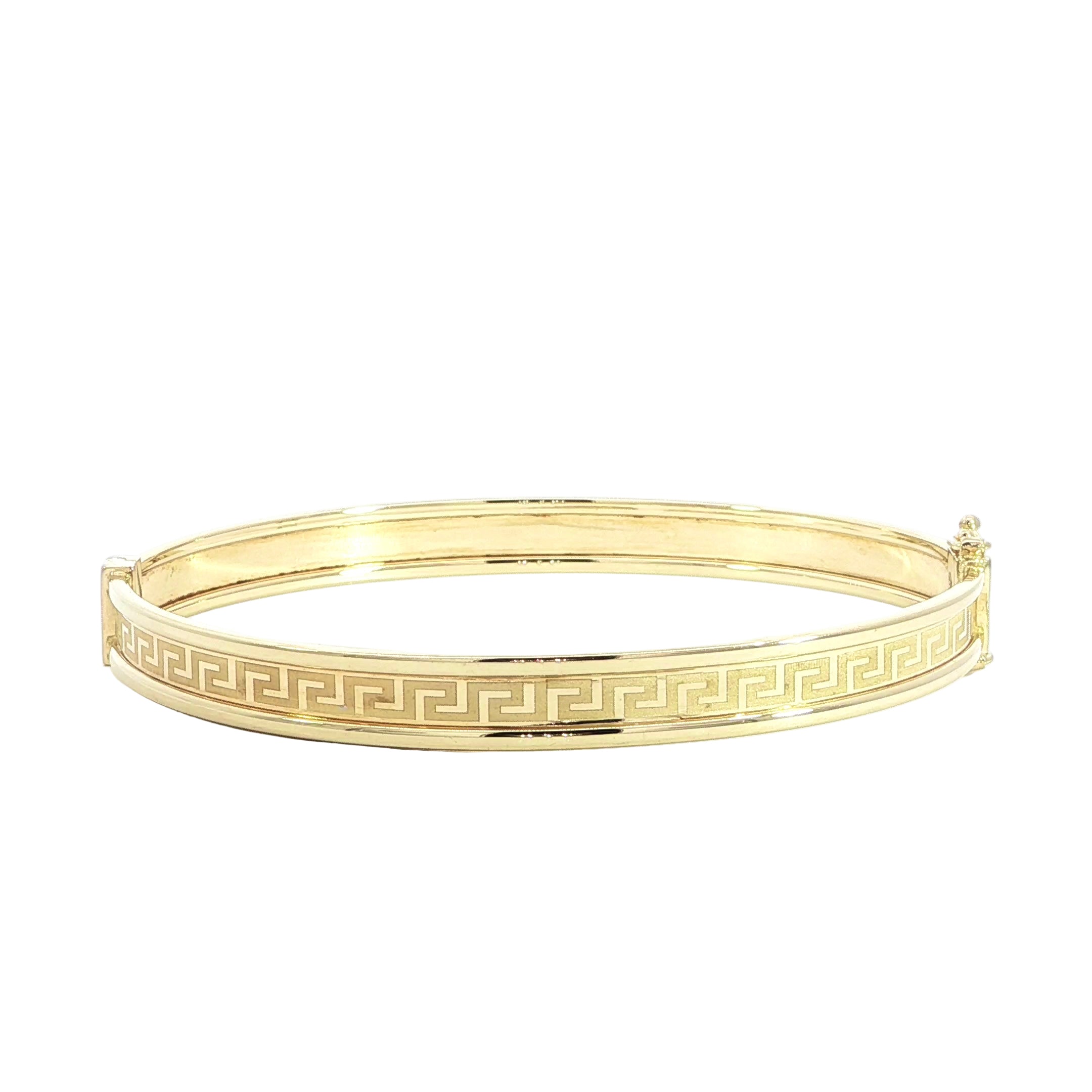 14K yellow gold Greek Key bangle bracelet with engraved pattern