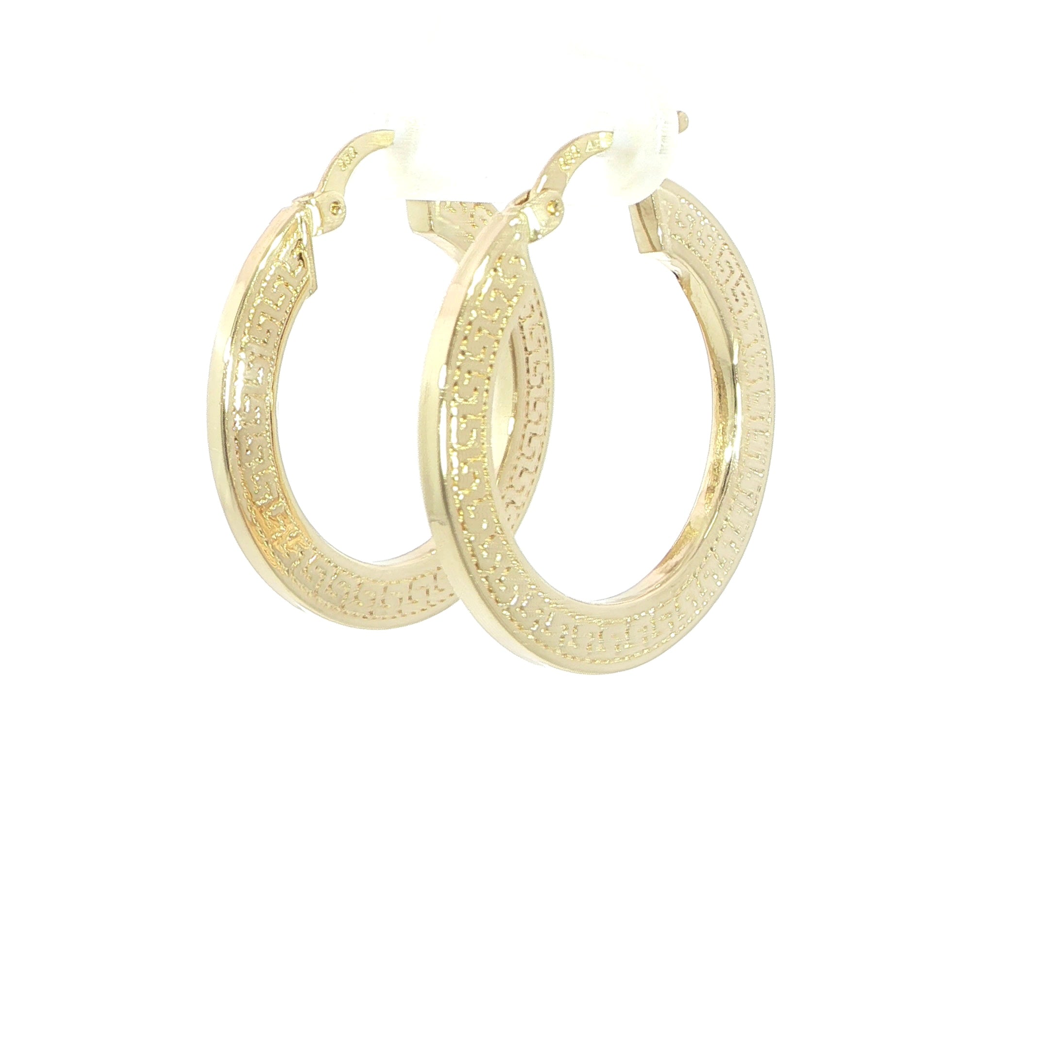 Women's 14K gold Greek Key hoop earrings measuring 20x2MM