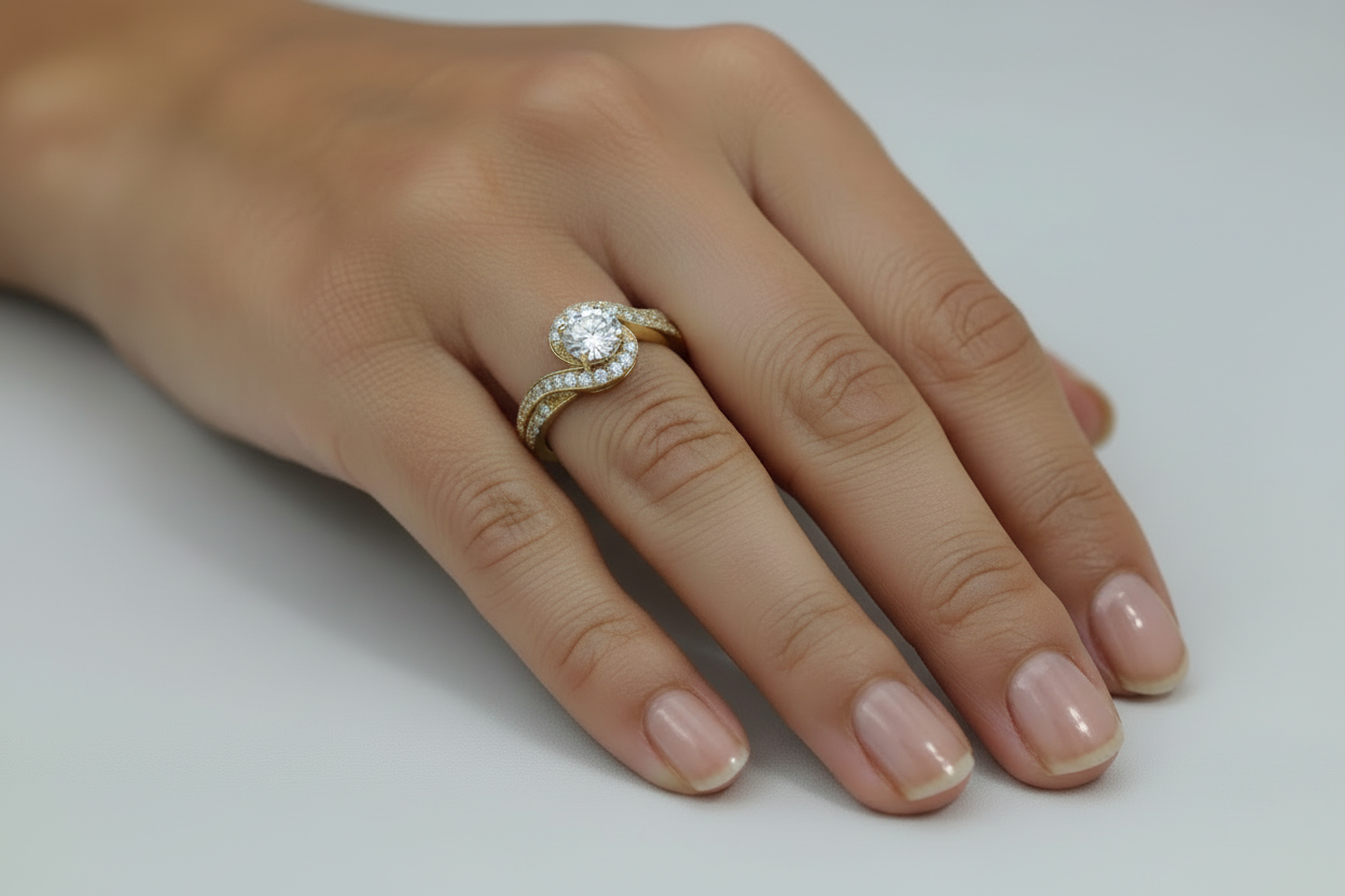 Model wearing round lab grown diamond ring in yellow gold