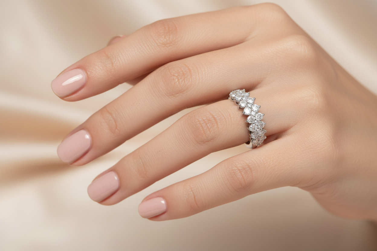 14K gold multi-row diamond anniversary band on model