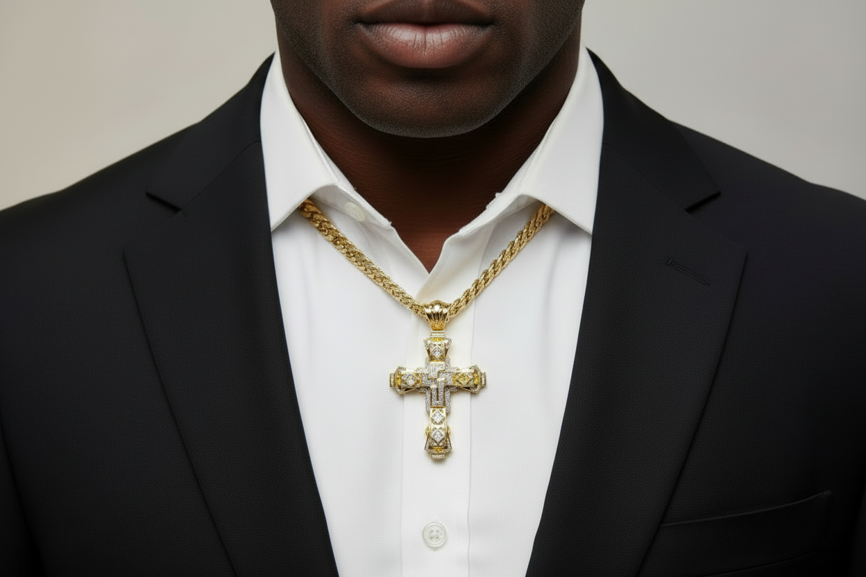 Model view of pavé-set natural diamonds on gold cross pendant