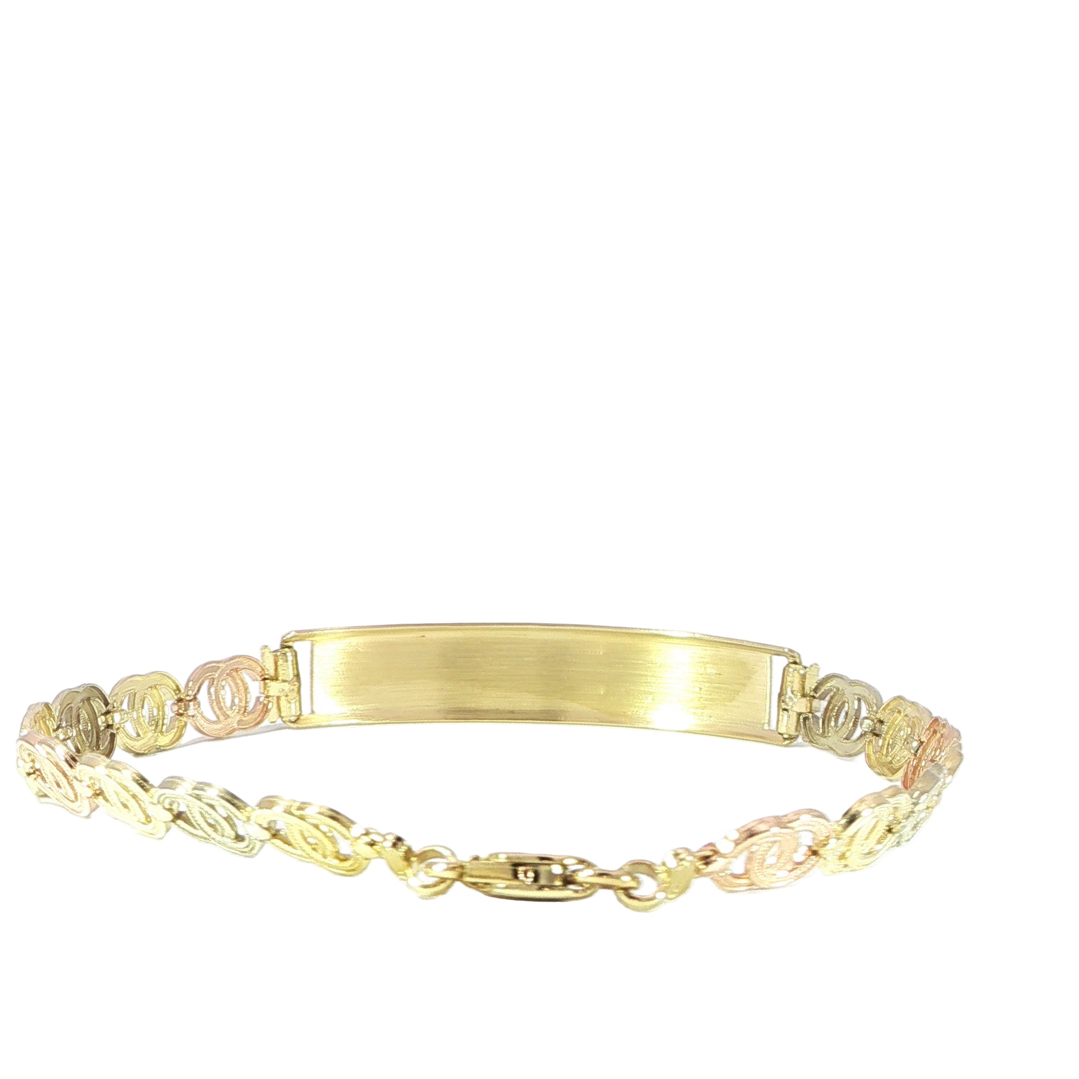 14K gold tri-color ID bracelet with decorative rose motif and polished center plate