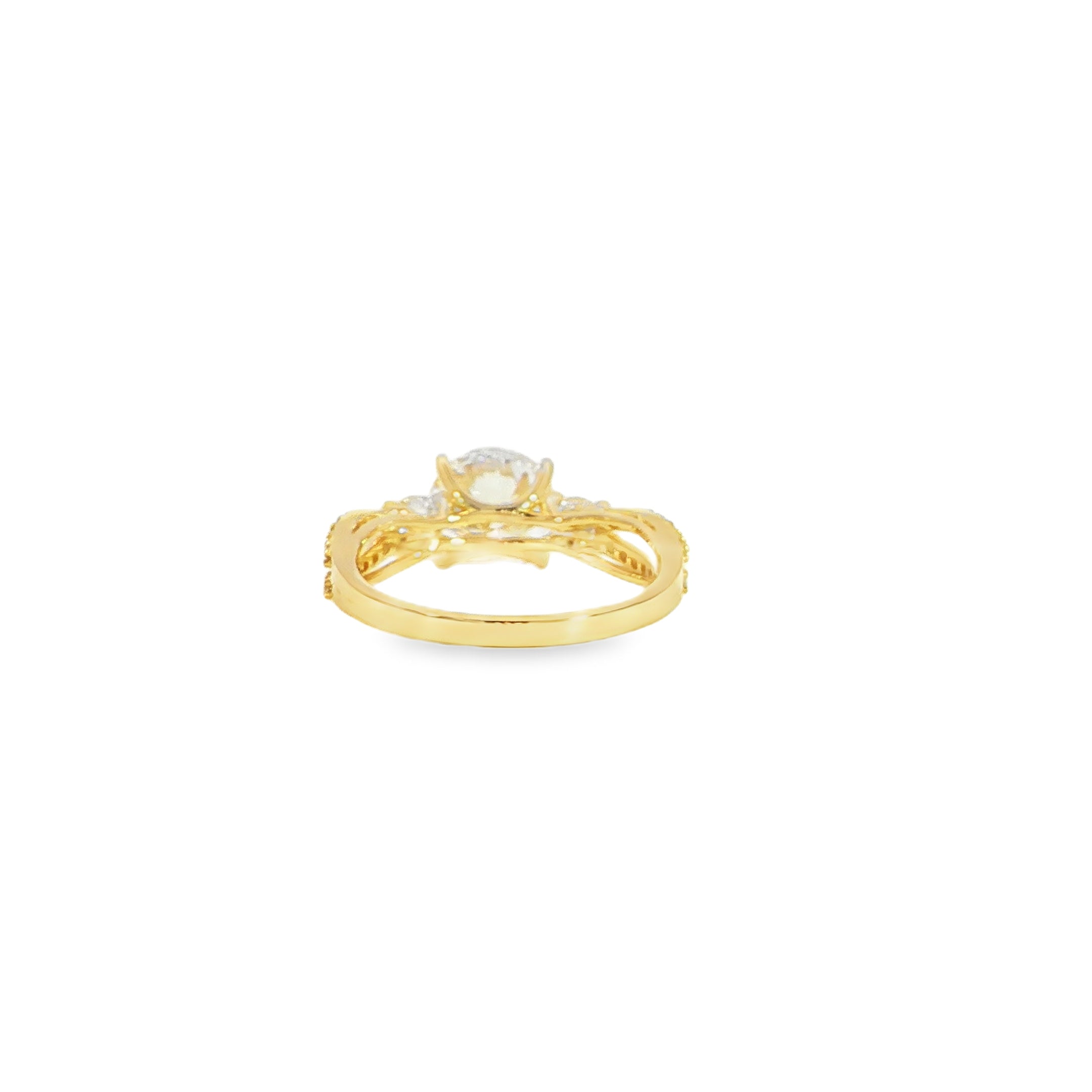 Back view of round diamond ring with pavé split shank band
