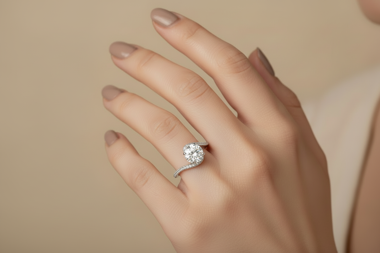 Model wearing modern 2CT round diamond ring with curved bypass band