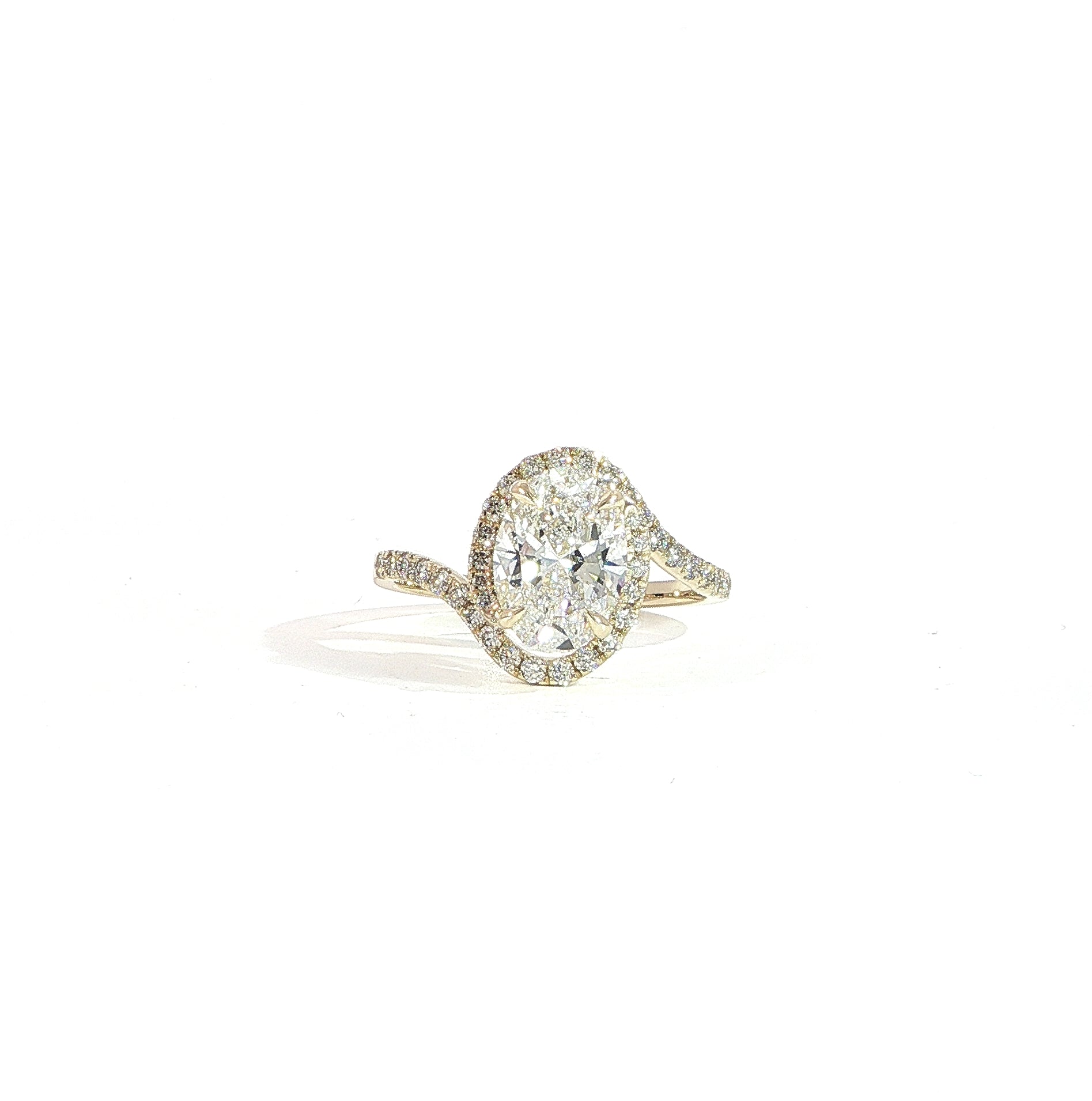 14K gold oval lab diamond bypass halo engagement ring with 2 CT center and flowing band