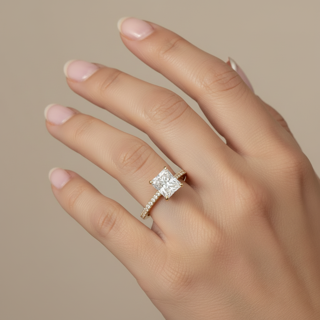 14K yellow gold princess cut lab diamond engagement ring with 2 CT center and hidden halo