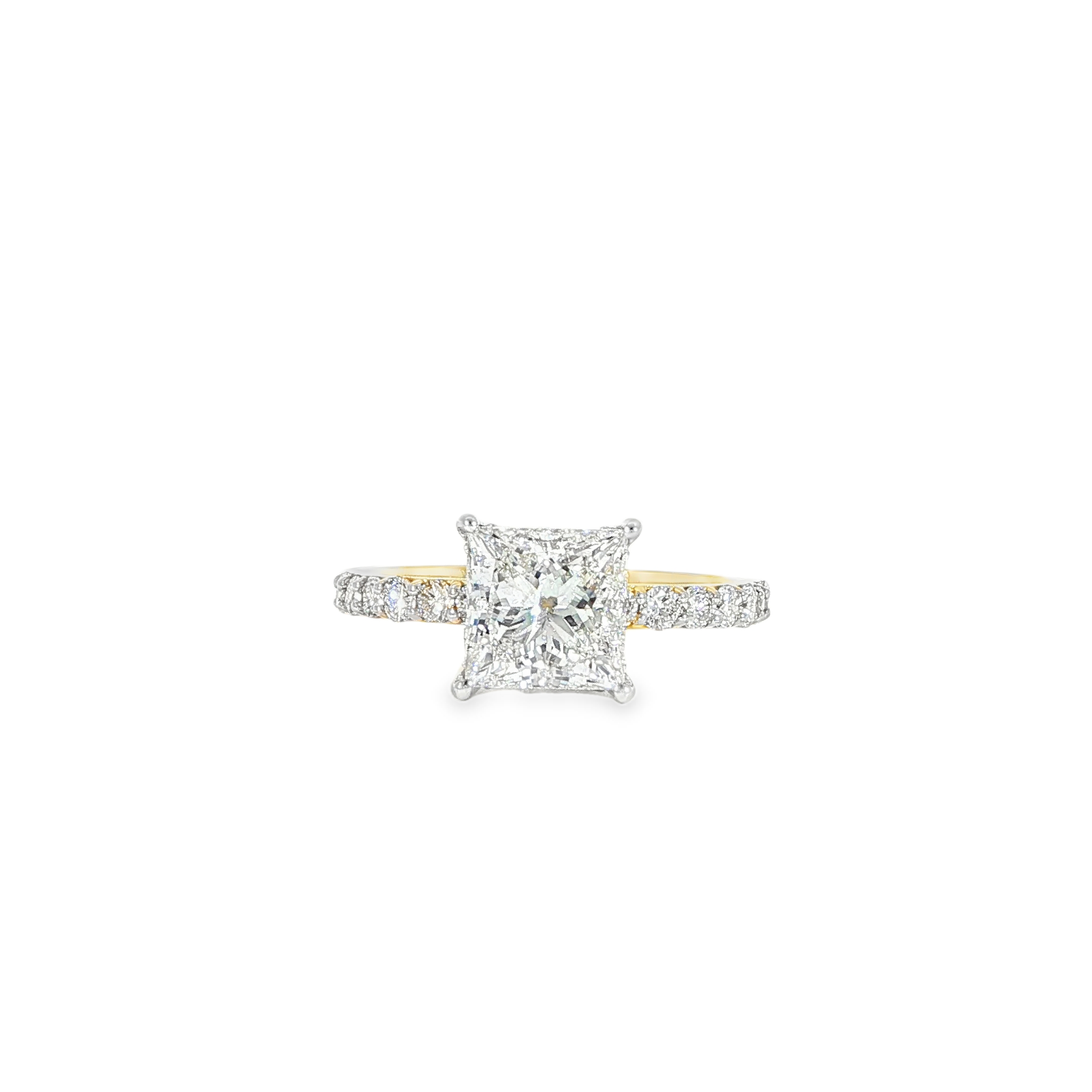14K yellow gold princess cut lab diamond engagement ring with 2 CT center and hidden halo