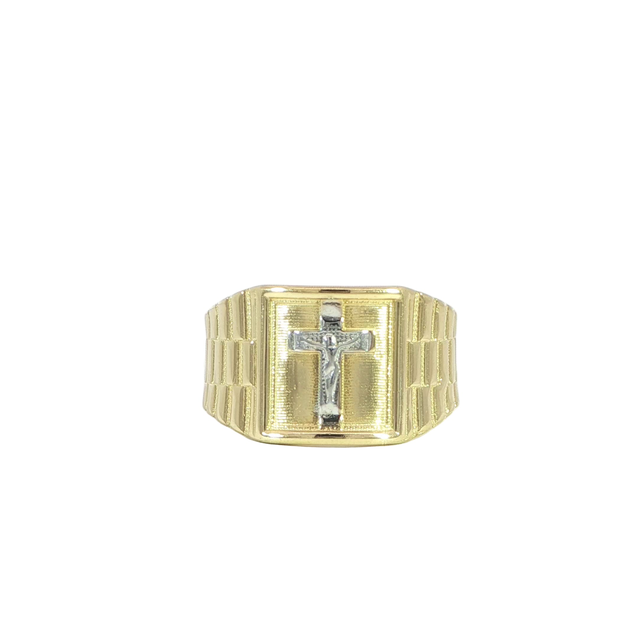 Close-up of 14K yellow gold crucifix ring with 13MM top width