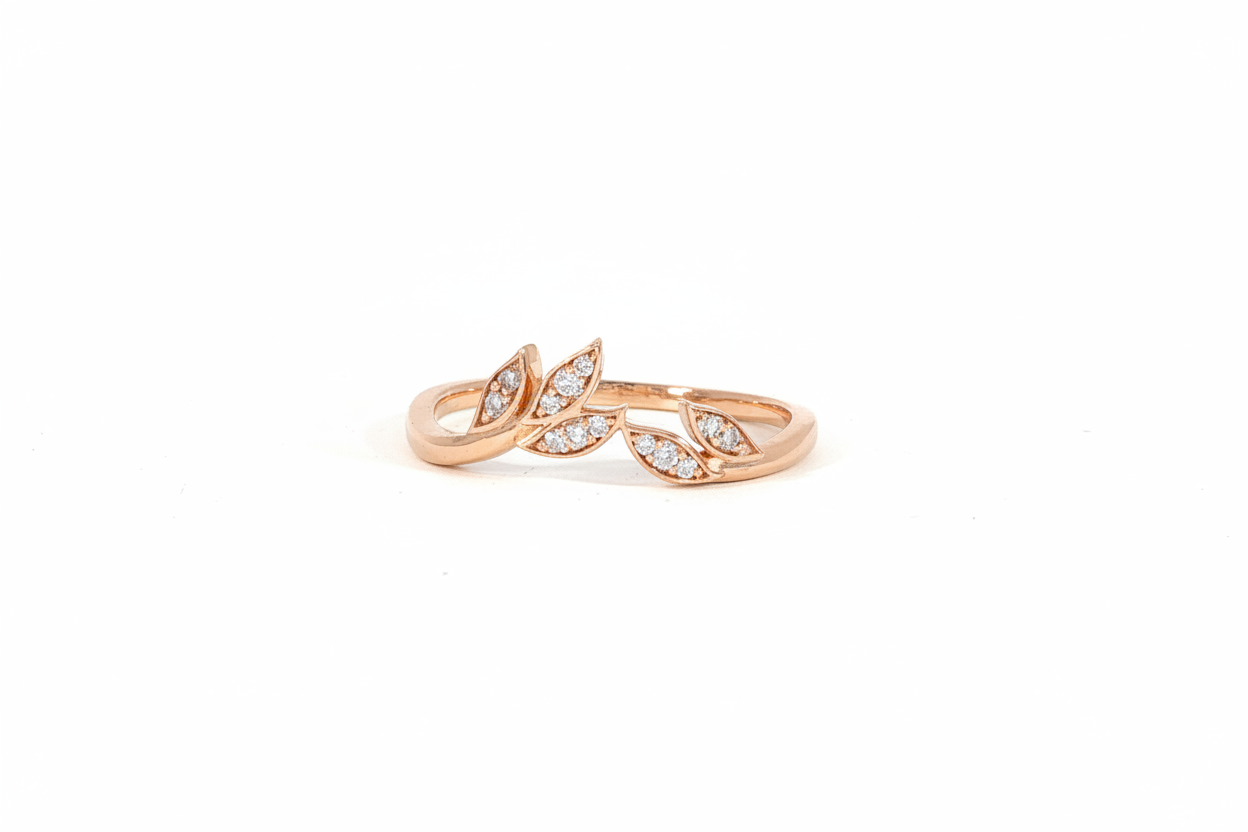 Front view of 14K rose gold leaf diamond ring with curved design and subtle sparkle