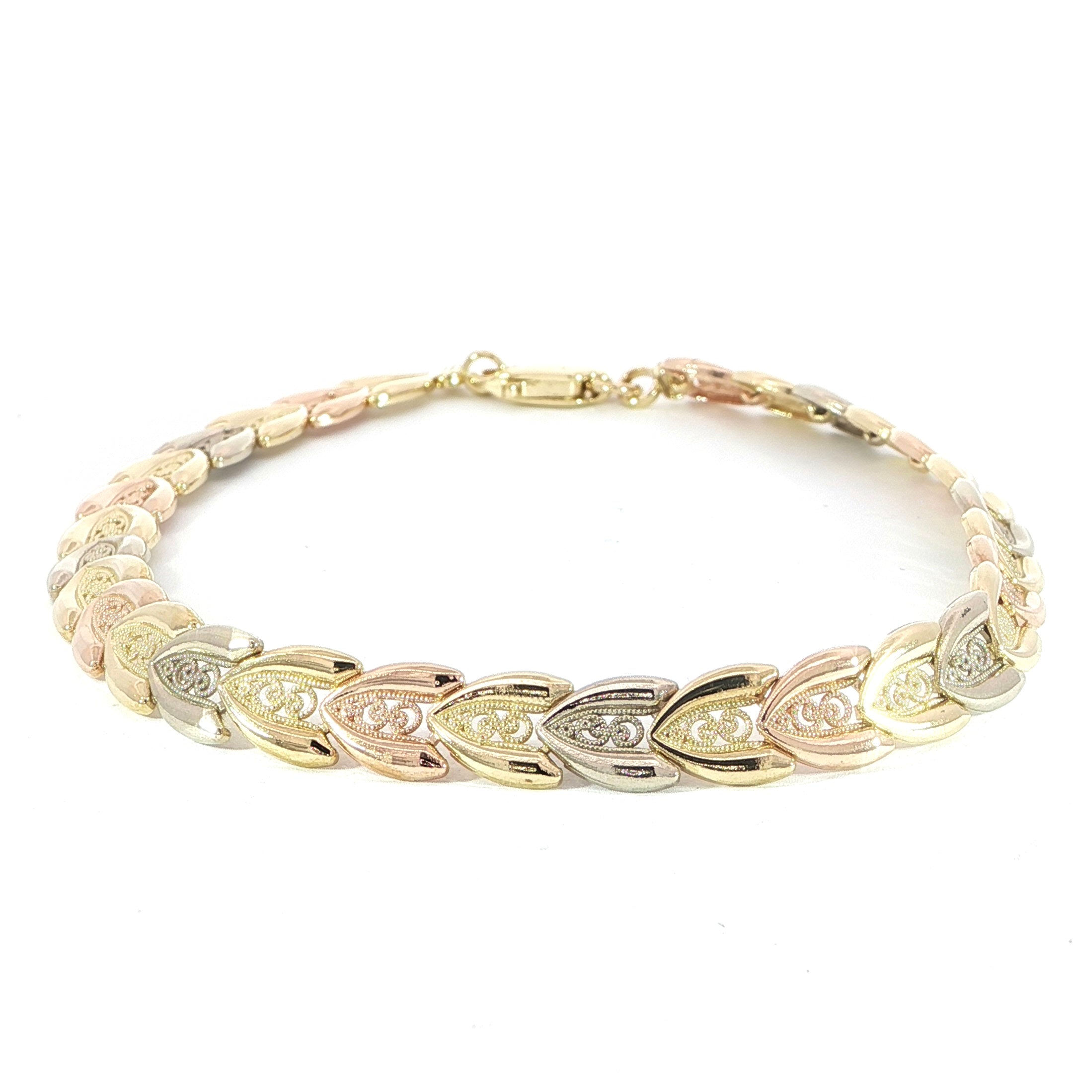 14K tri-color filigree leaf pattern bracelet in yellow, white and rose gold