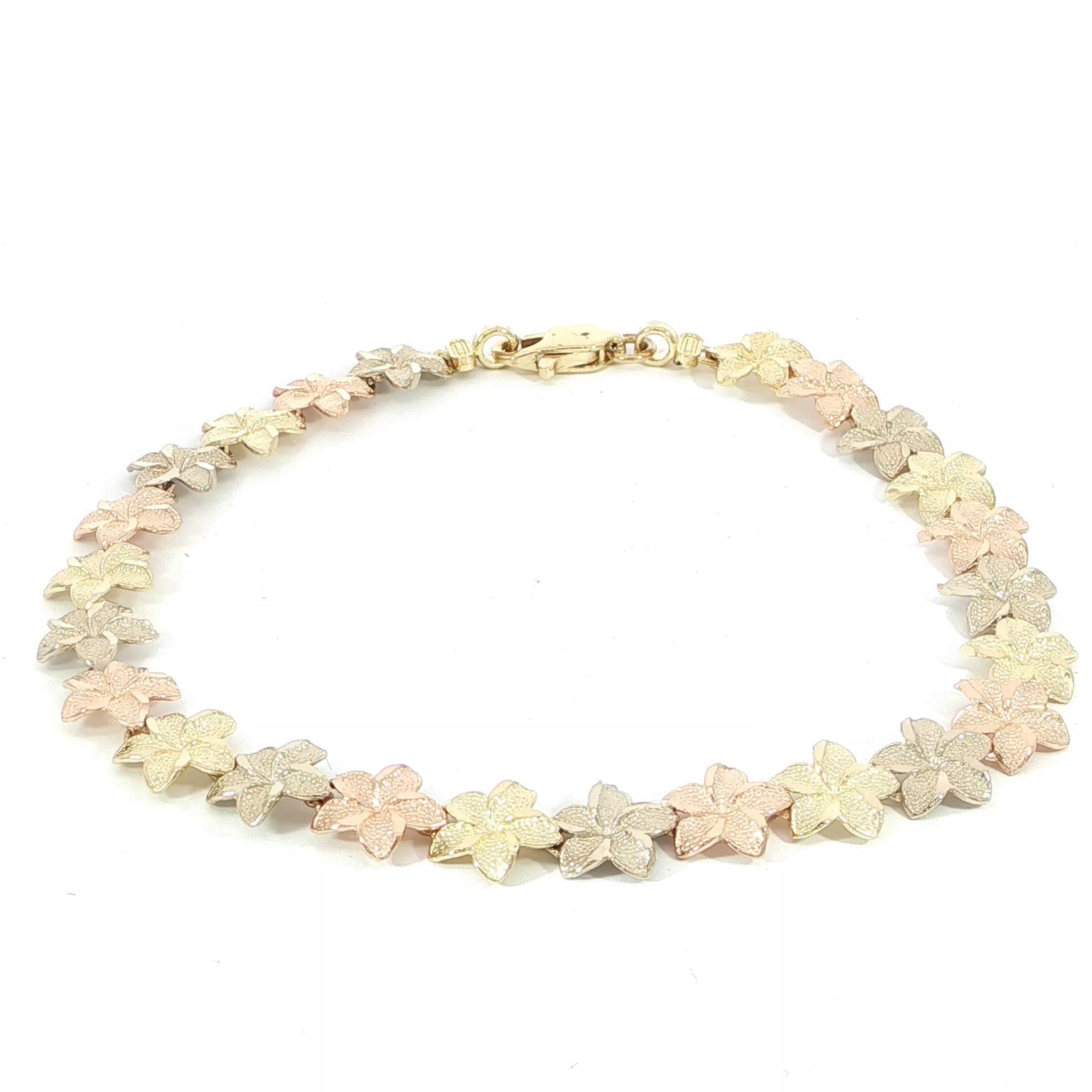 14K tri-color gold Plumeria flower bracelet with diamond-cut 8MM Hawaiian floral links