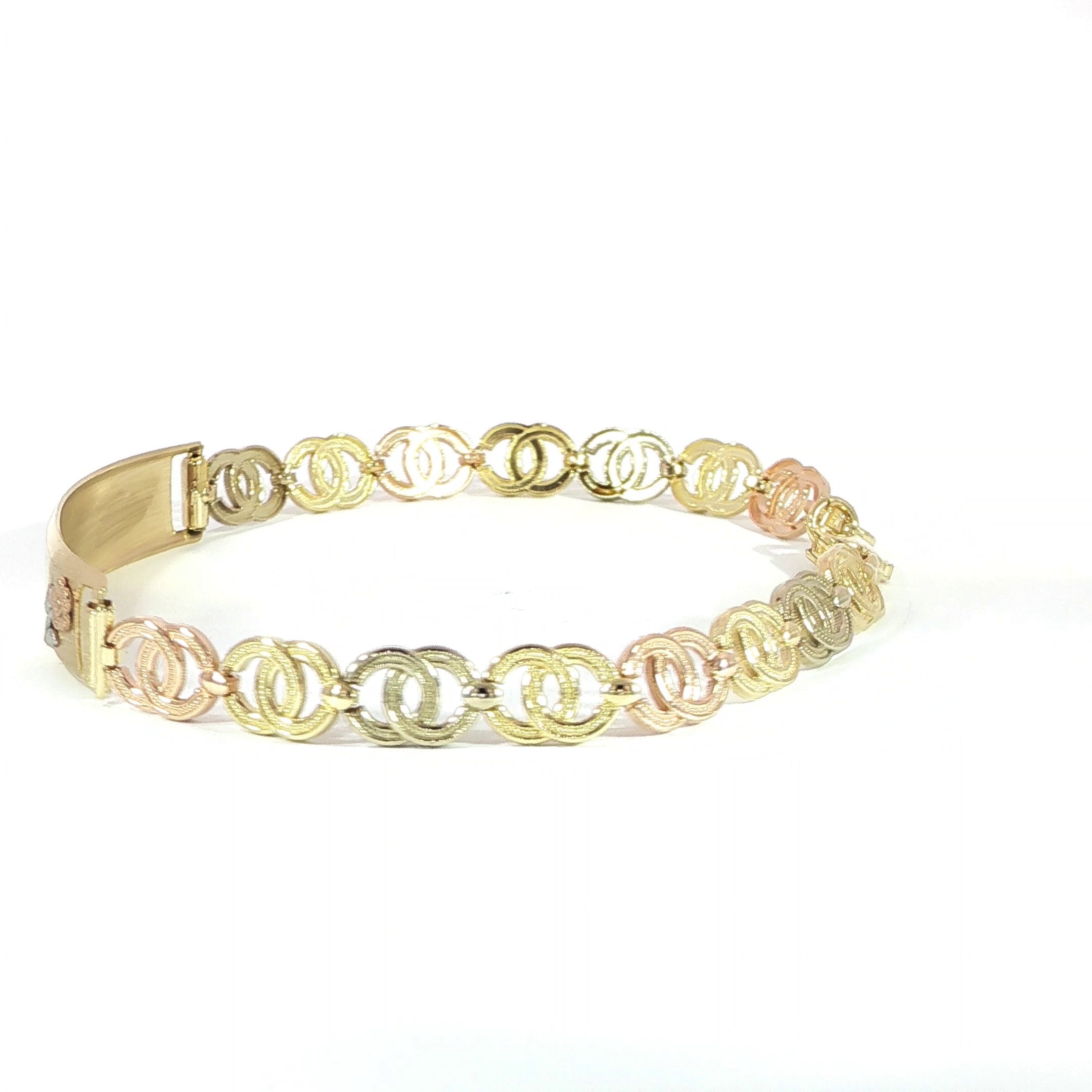 14K tri-color gold interlocking open circle ID bracelet with rose accented ID bar