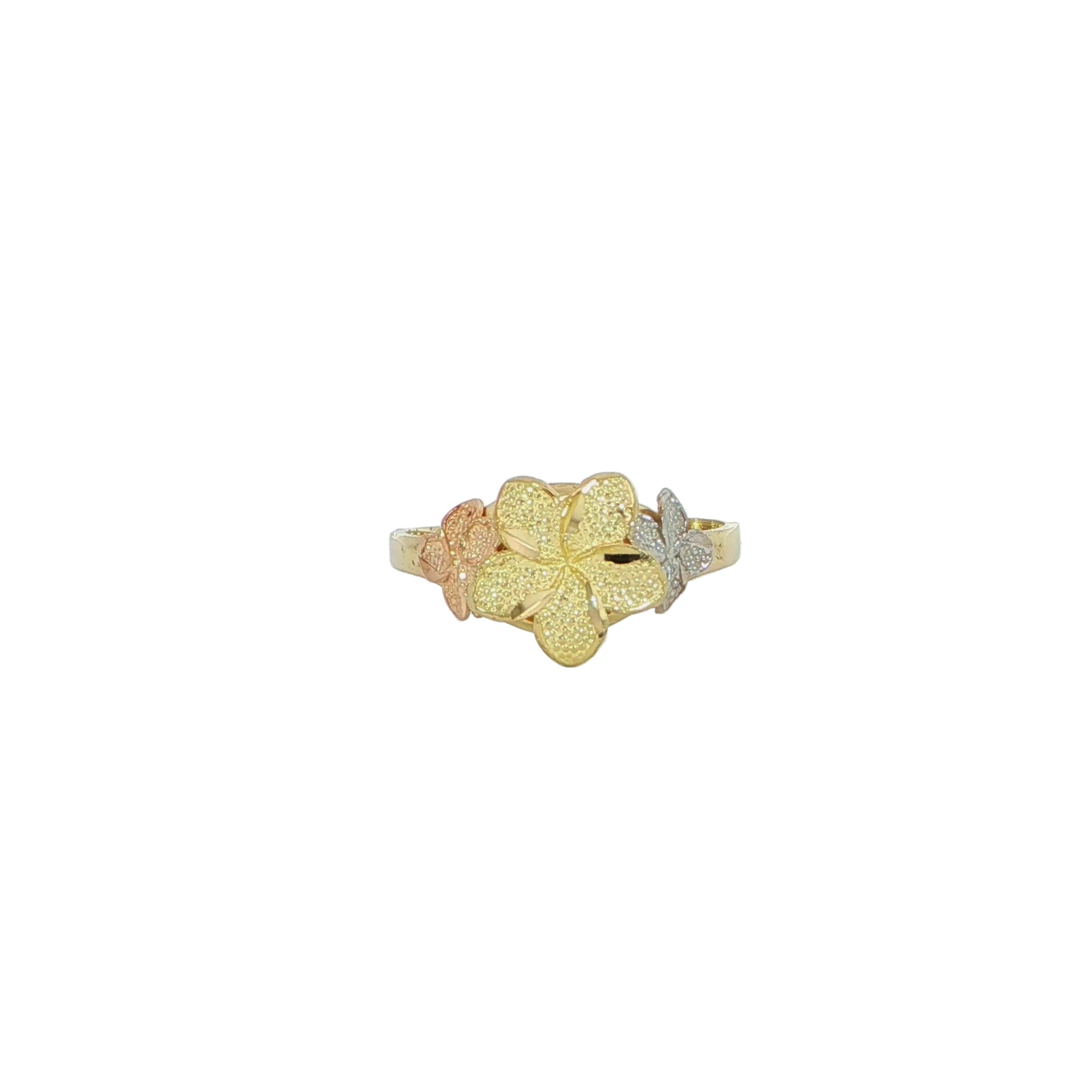 Close-up of 14K plumeria flowers ring with textured floral detailing