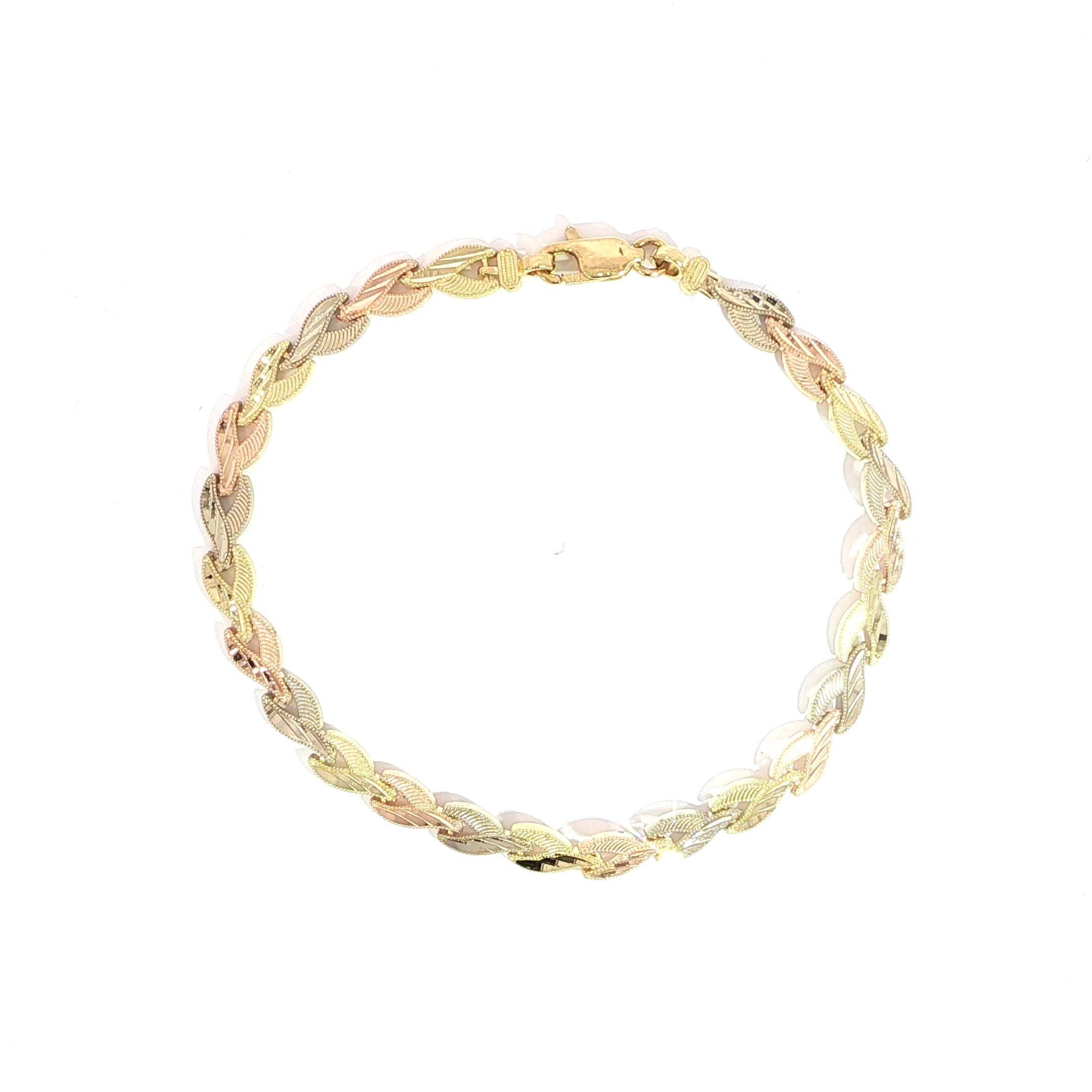14K Tri-Color V-Shaped Textured Link Bracelet in Yellow White and Rose Gold