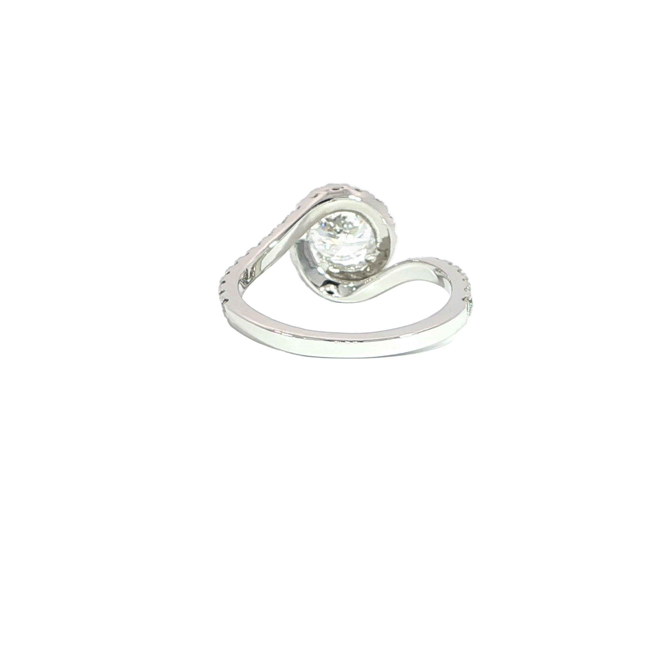 Back view of unique round engagement ring with sculpted band