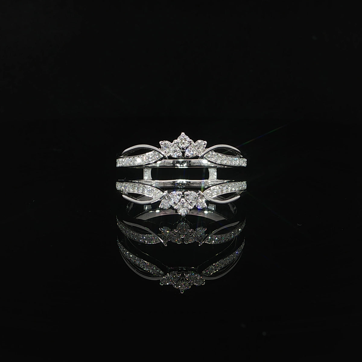 Front view of a 14K white gold floral ring enhancer with 0.38 CTW lab-grown diamonds