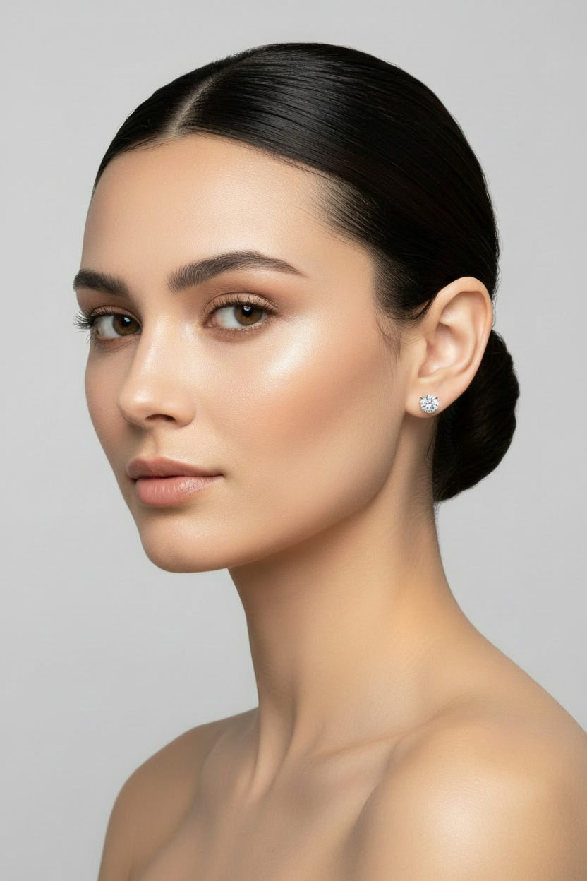 Model wearing 14K white gold lab grown diamond earrings 1CT each.
