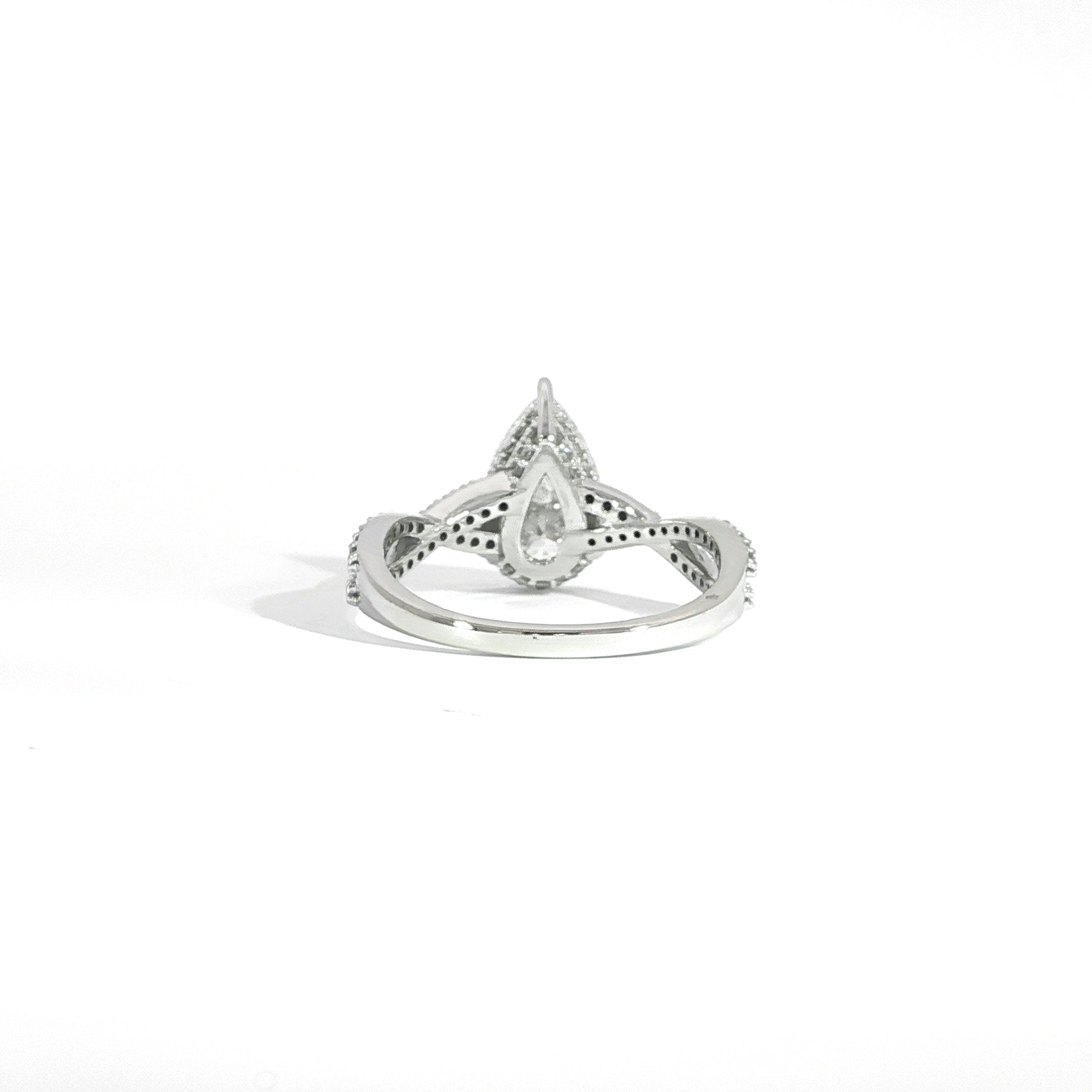 14K white gold pear diamond ring with twist band back view