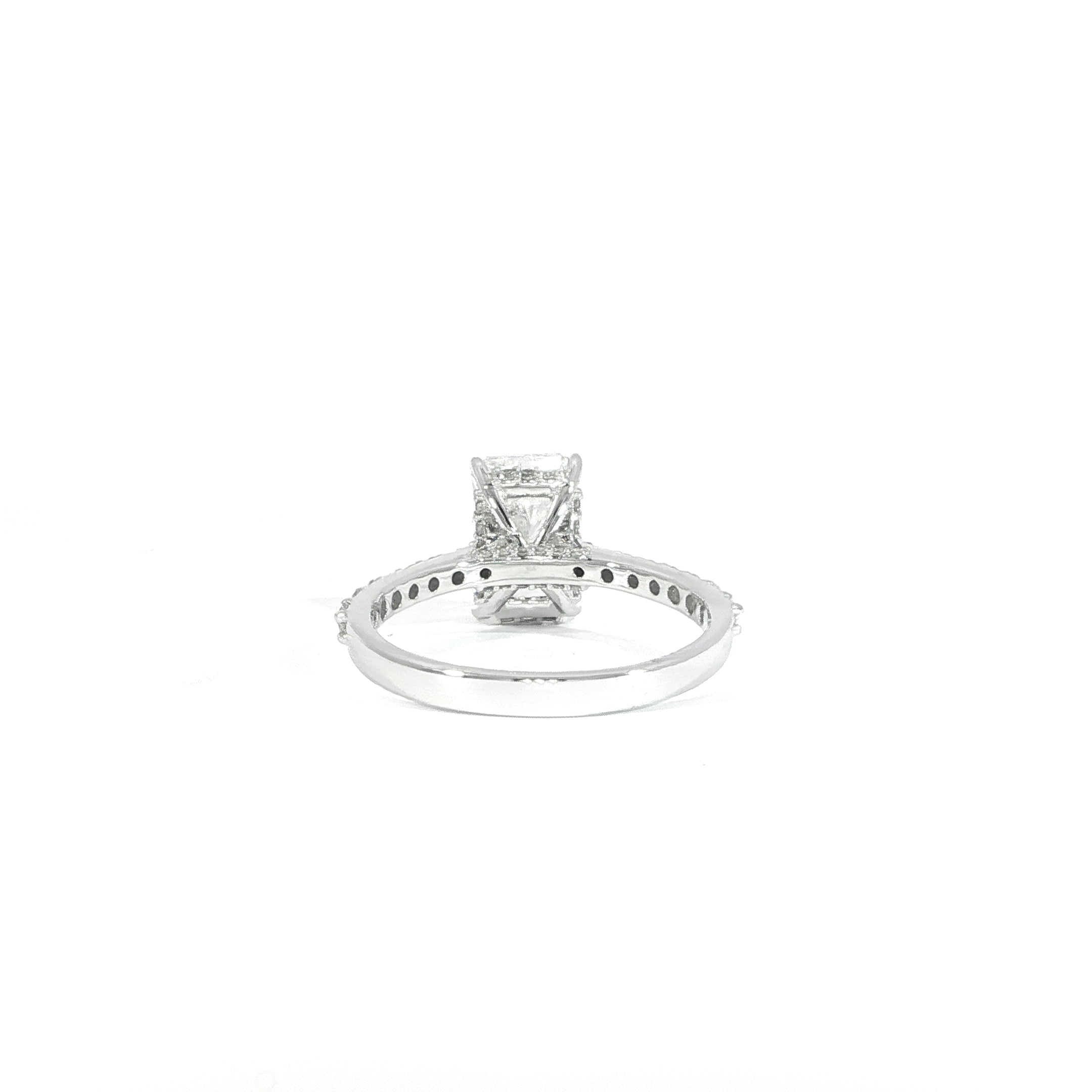 14K white gold radiant diamond ring with sparkling pavé band back view