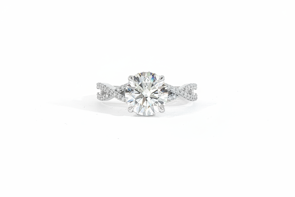 14K white gold round lab diamond engagement ring with 2 CT center stone, hidden halo, and twist band design