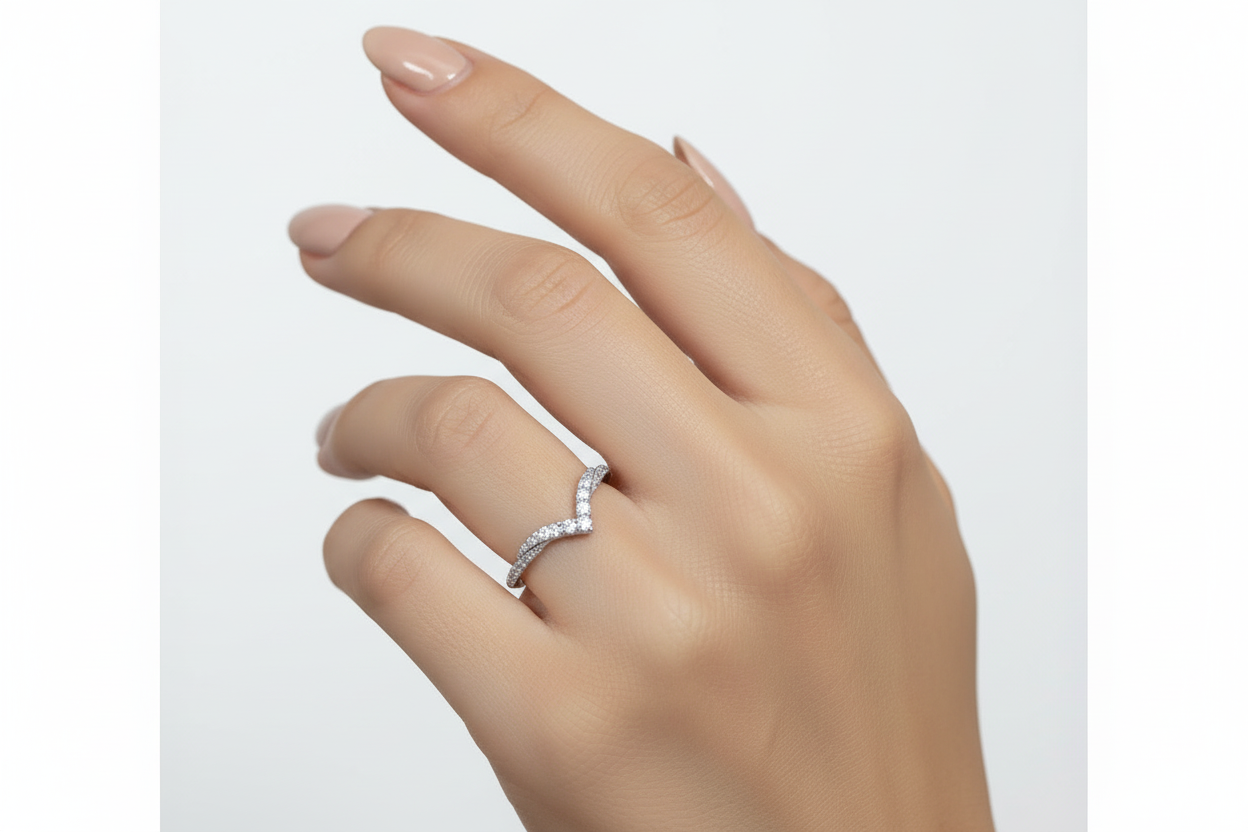Elegant 14K white gold diamond contour band on model