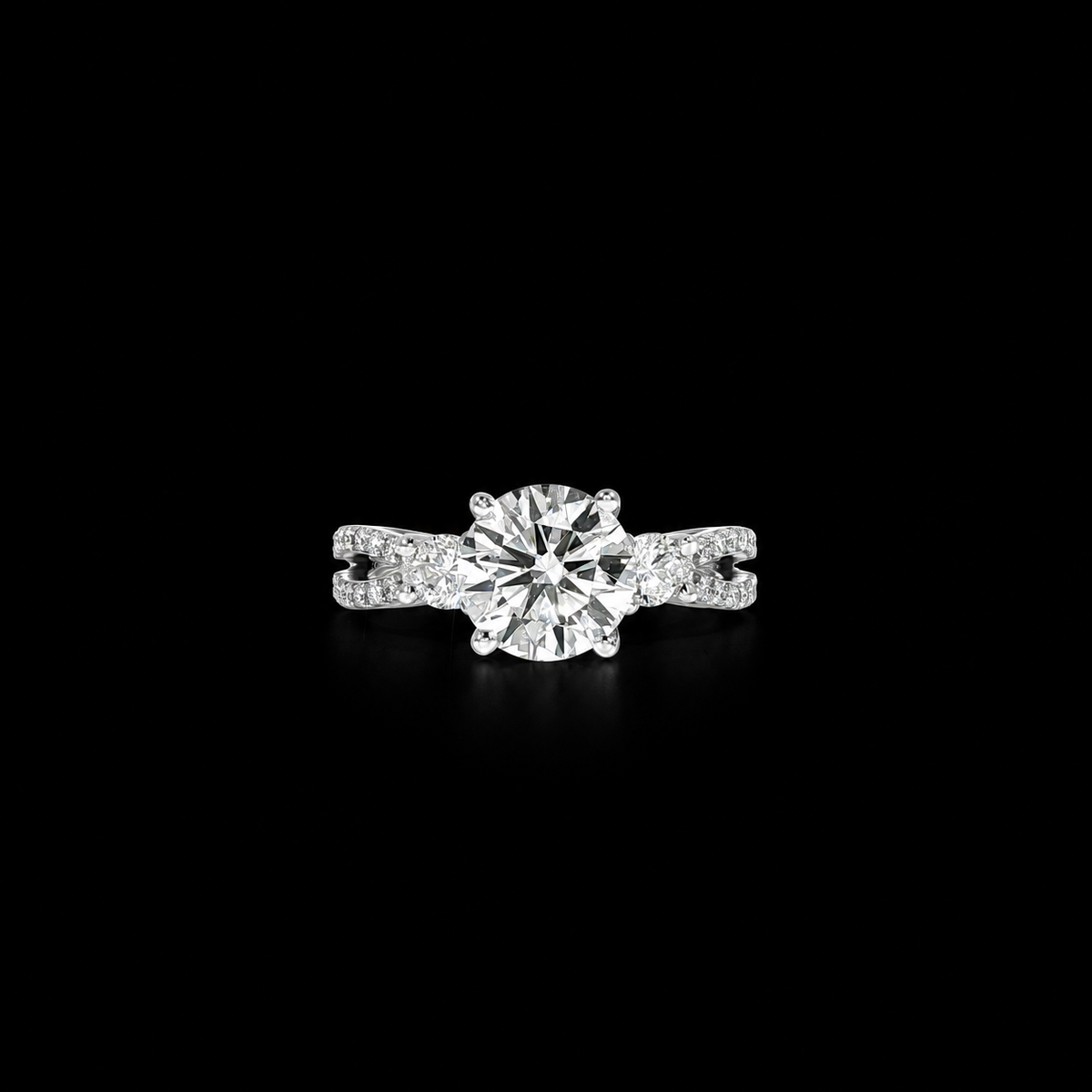 Close-up of 14K white gold round diamond ring with pavé split shank band