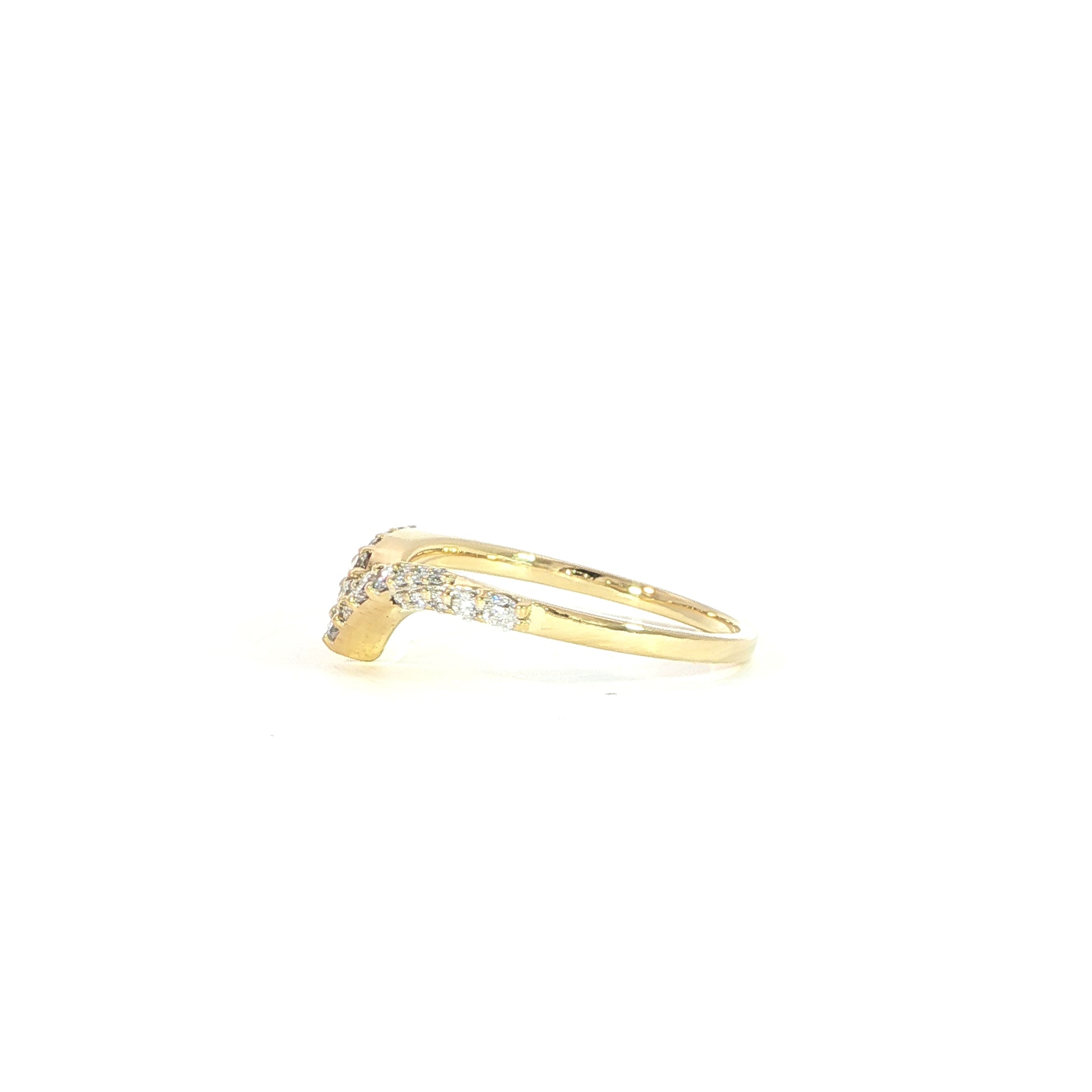 Elegant side view of 14K gold contour band with V-shaped diamond design