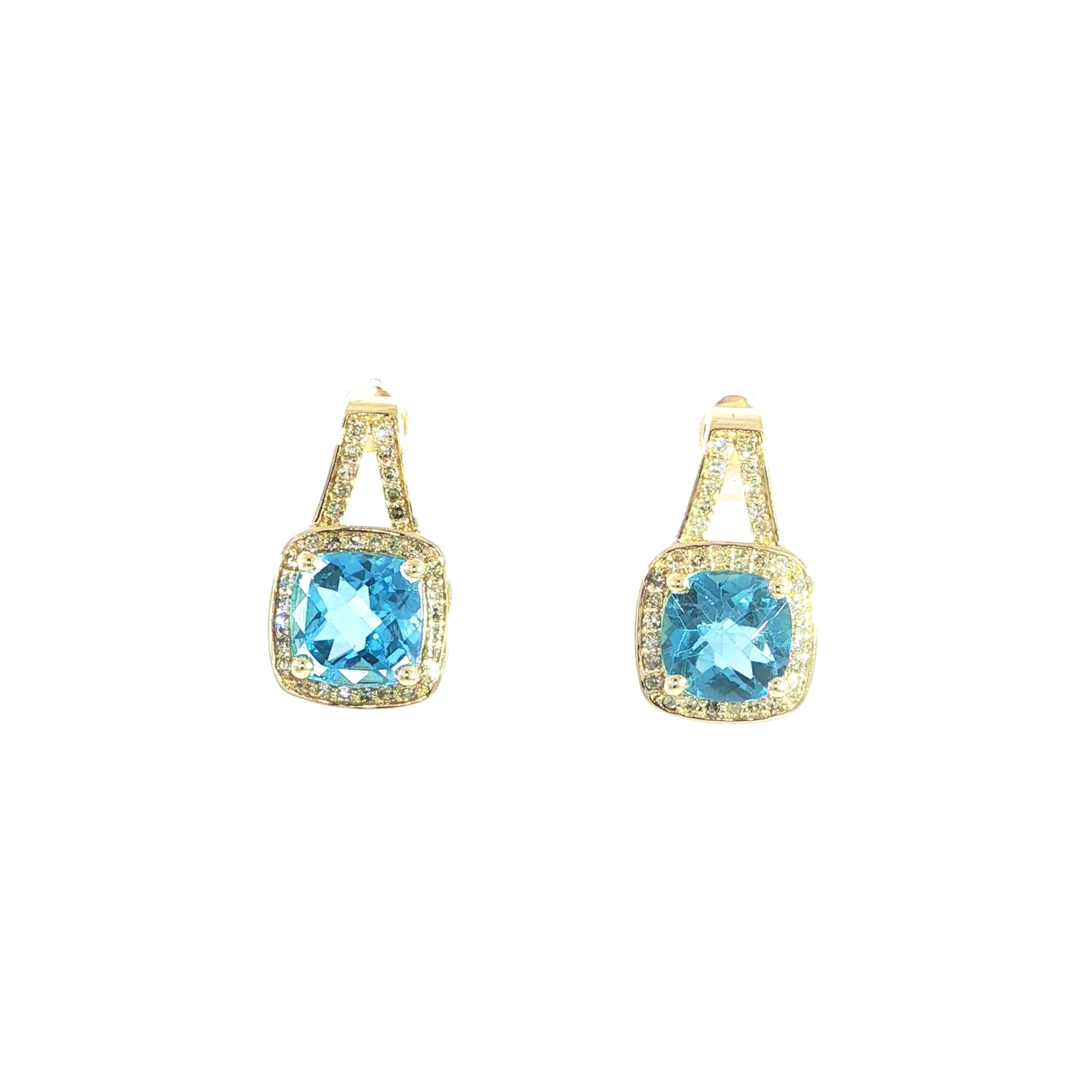 14K yellow gold cushion cut blue topaz earrings with natural diamond halo
