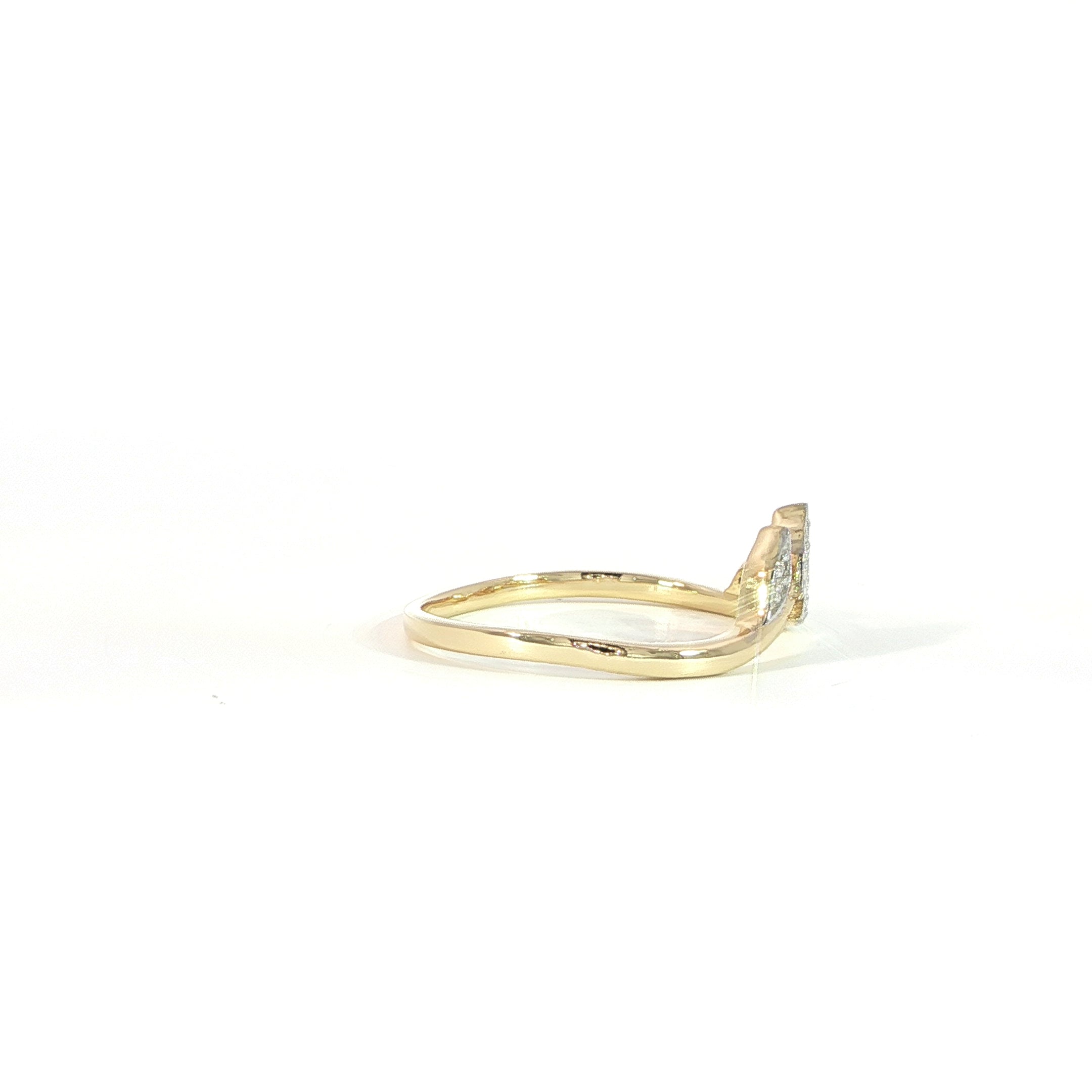 Side view of dainty nature-inspired leaf ring with diamond accents in 14K yellow gold