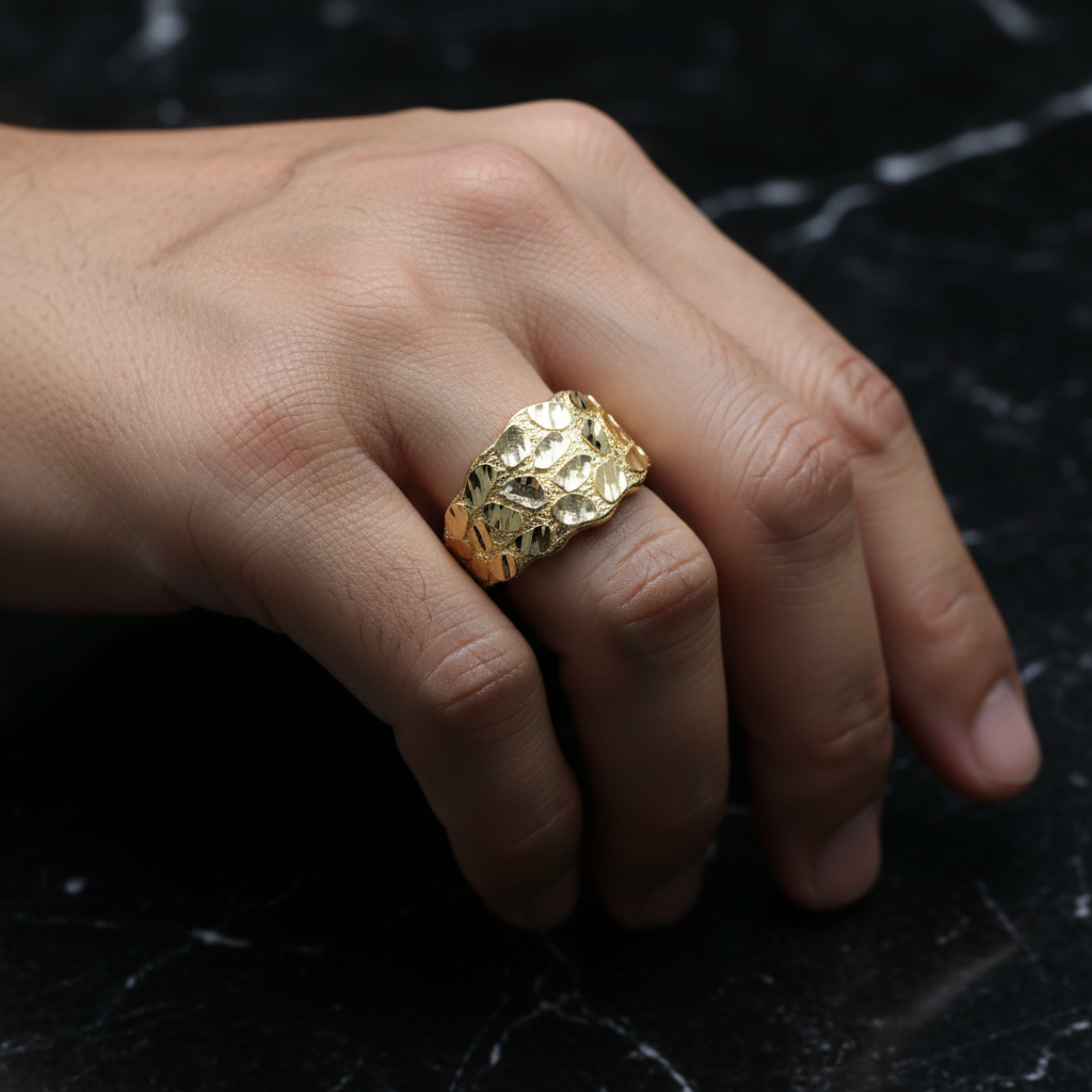 14K Yellow Gold Diamond-Cut Nugget Ring 14MM