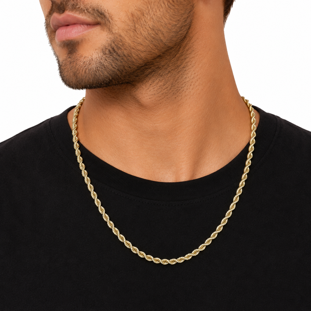 Model Wearing 14K yellow gold diamond-cut rope chain necklace 5MM