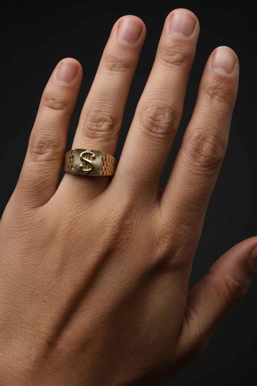 14K yellow gold dollar sign signet ring with textured design