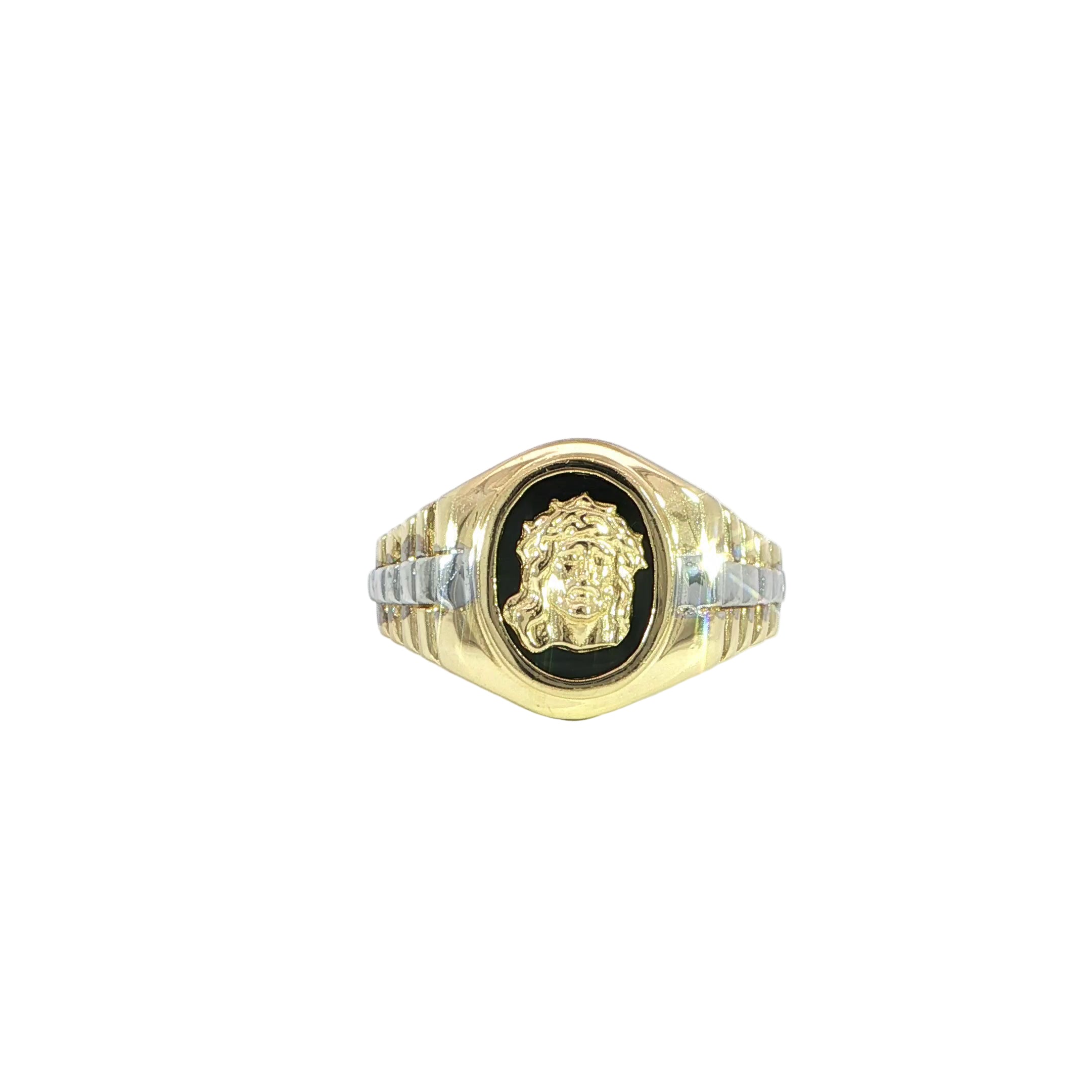 14K yellow gold Jesus head signet ring with black onyx