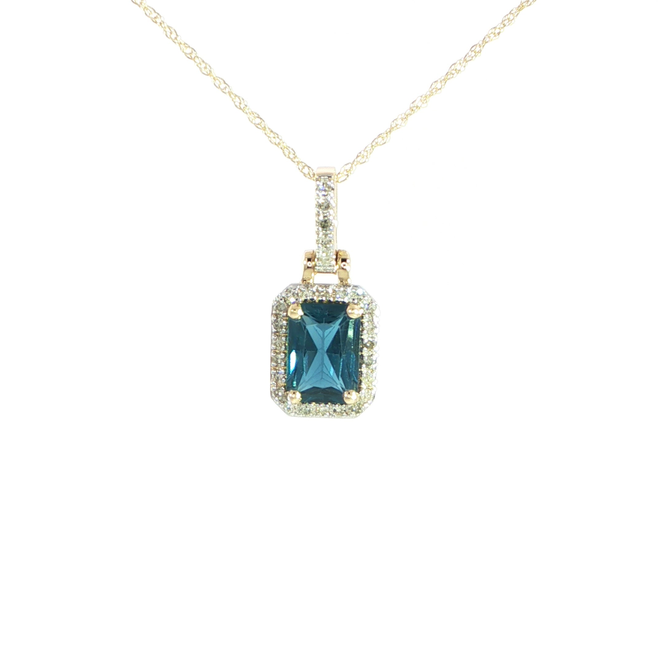 14K yellow gold necklace featuring a natural London Blue Topaz with diamond halo.