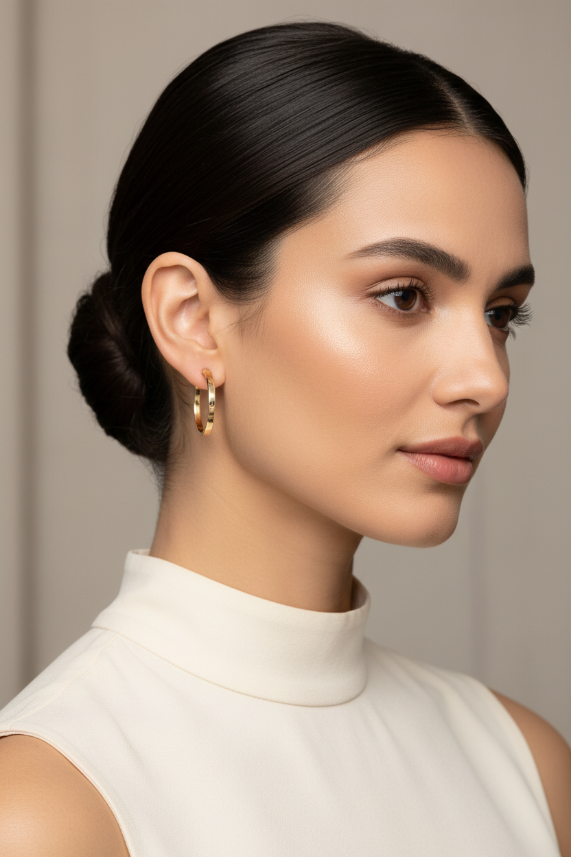 Model wearing 14K yellow gold Love Screw Motif hoop earrings with polished finish