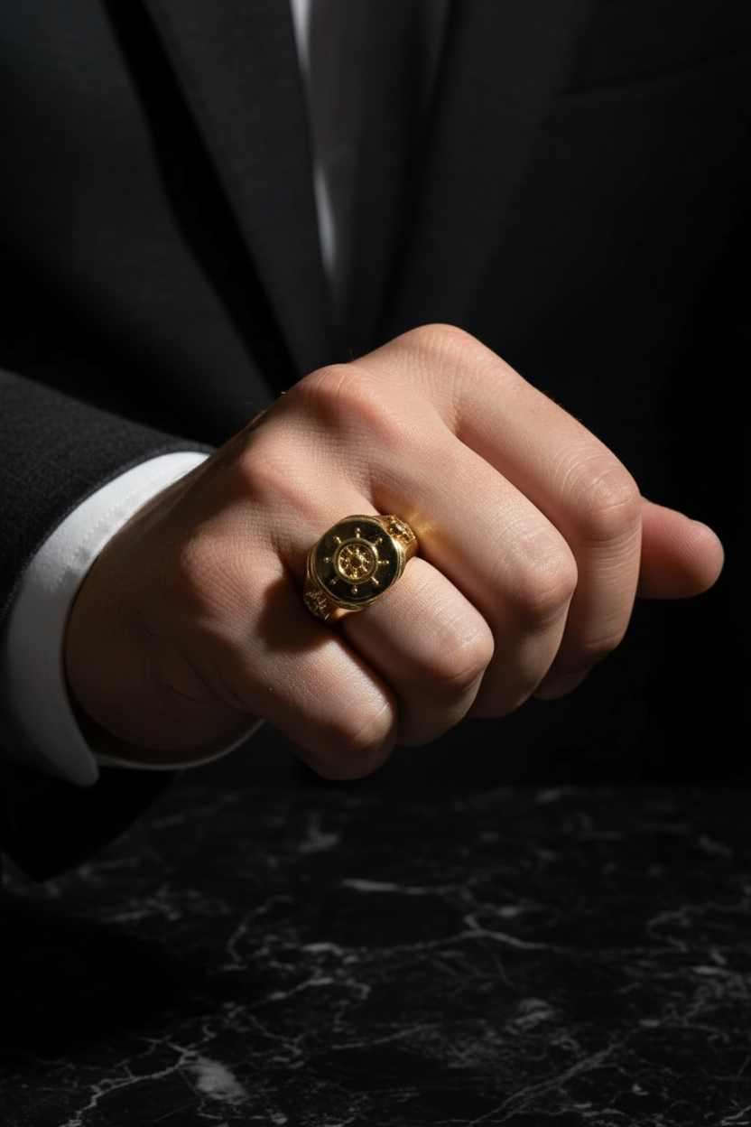 14K Yellow Gold Mariner Anchor Signet Ring 15MM