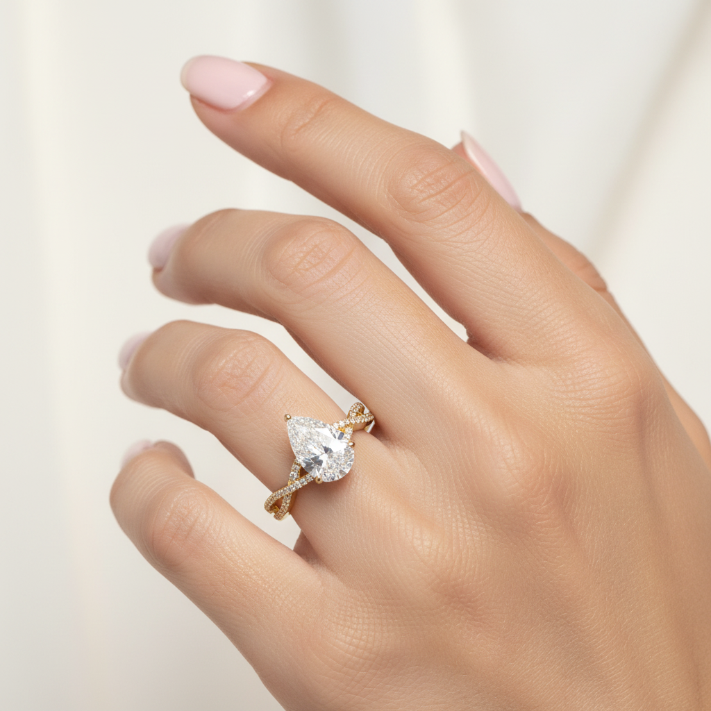 Pear 2 carat lab diamond engagement ring with twisted band in 14K yellow gold on model