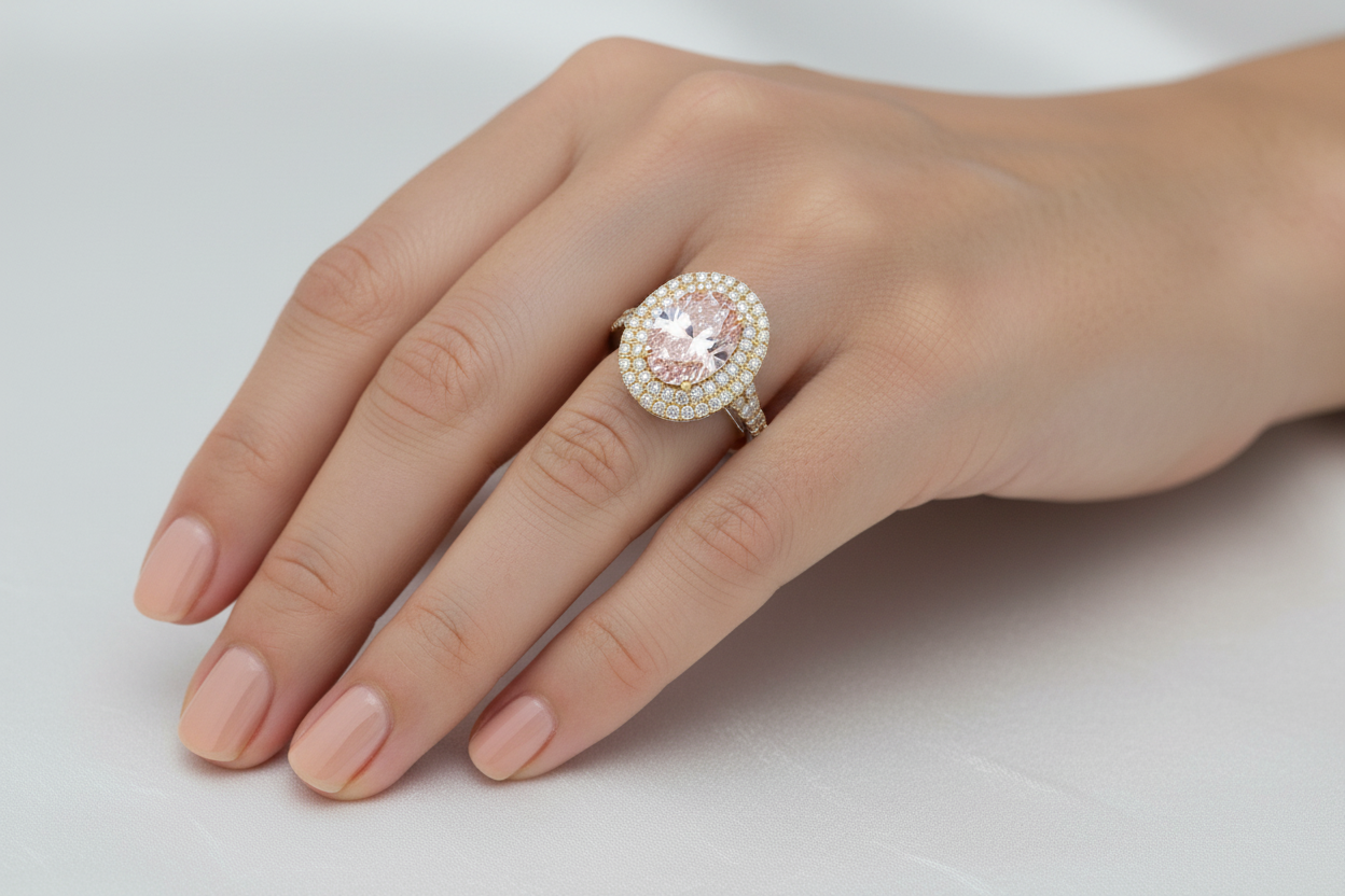 14K yellow gold ring with fancy intense pink oval diamond hand model