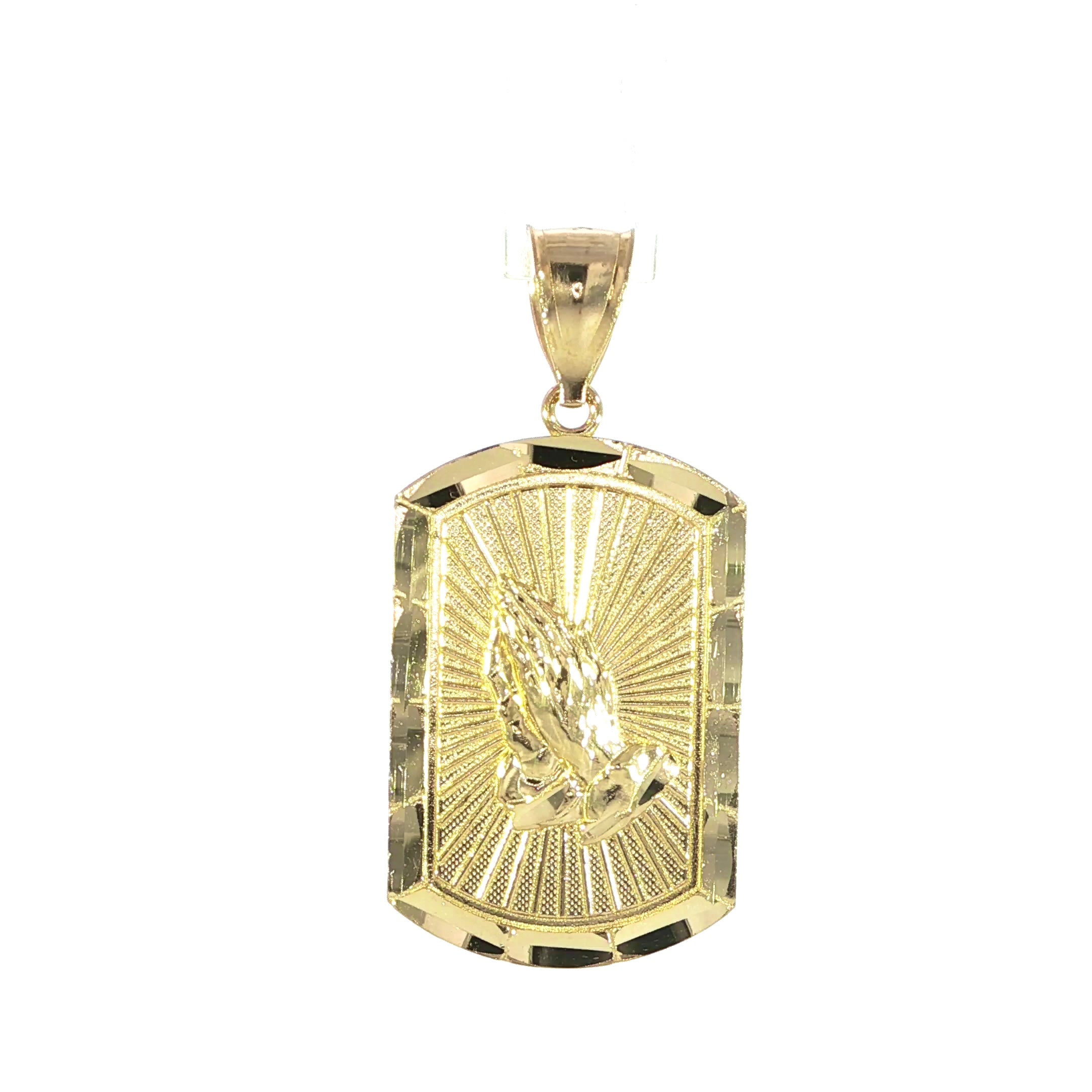 14K Yellow Gold Praying Hands Pendant with Sunburst Background 26 x 17 MM