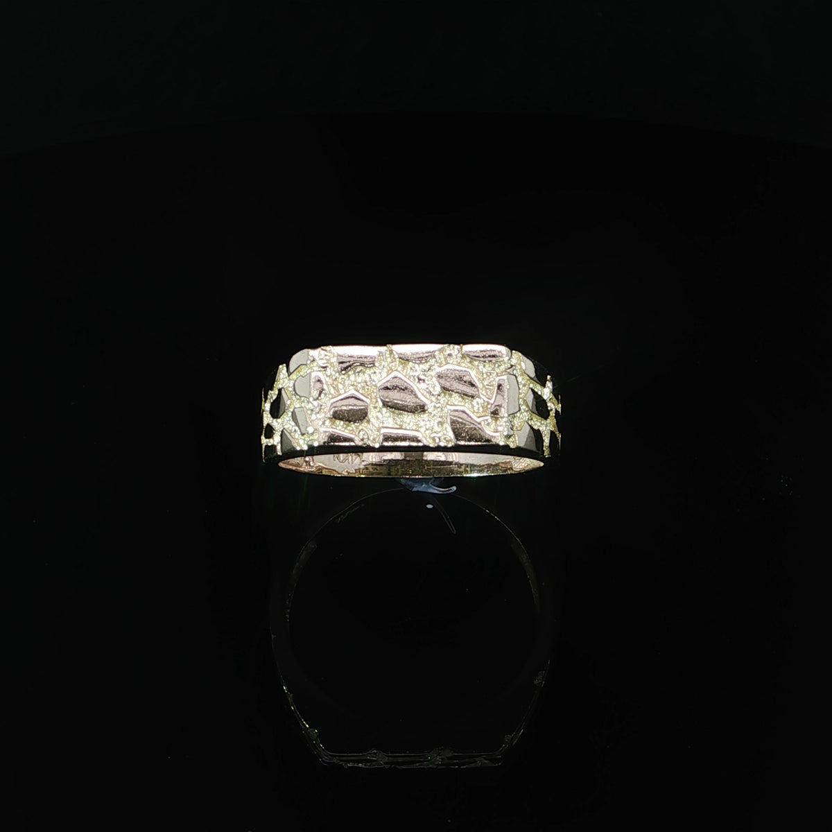 Front angled view of a 14K yellow gold rectangular nugget ring featuring an 8mm wide top with an irregular textured pattern and polished accents.