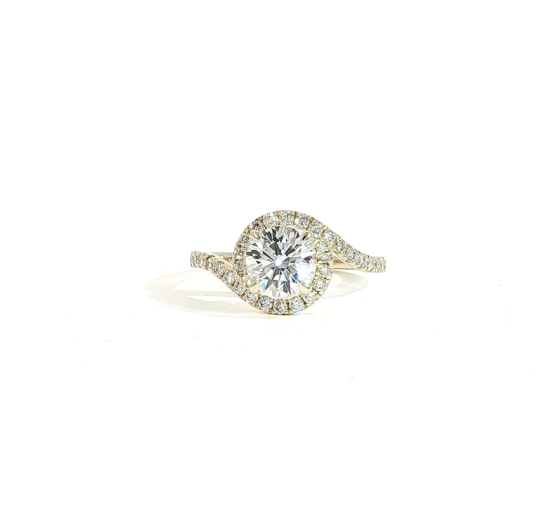 14K gold round lab diamond bypass engagement ring with 1 CT center and curved band