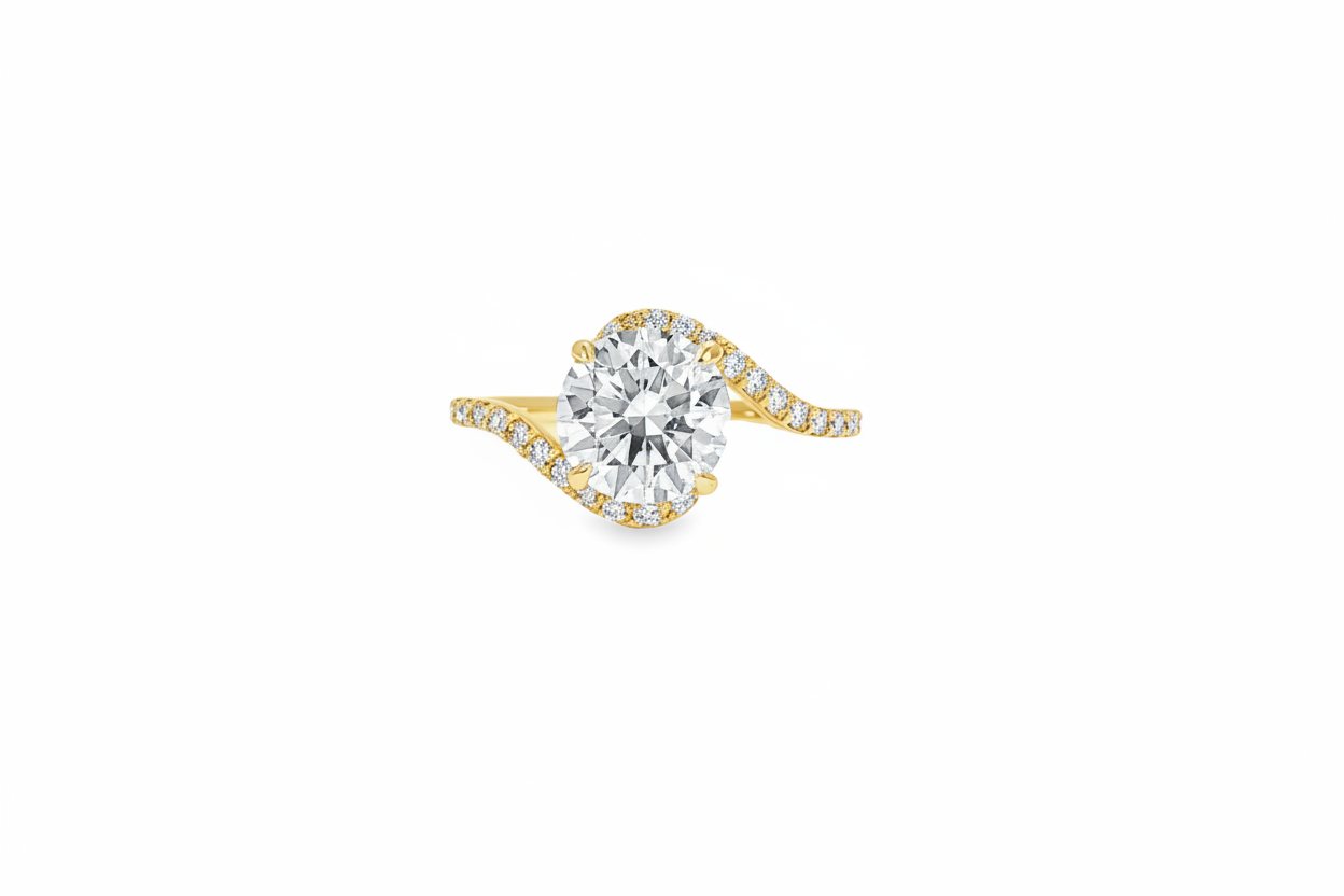 Close-up of bypass style diamond ring with flowing design
