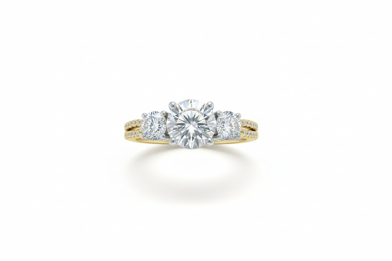 2 carat round lab diamond ring with side stones and split band