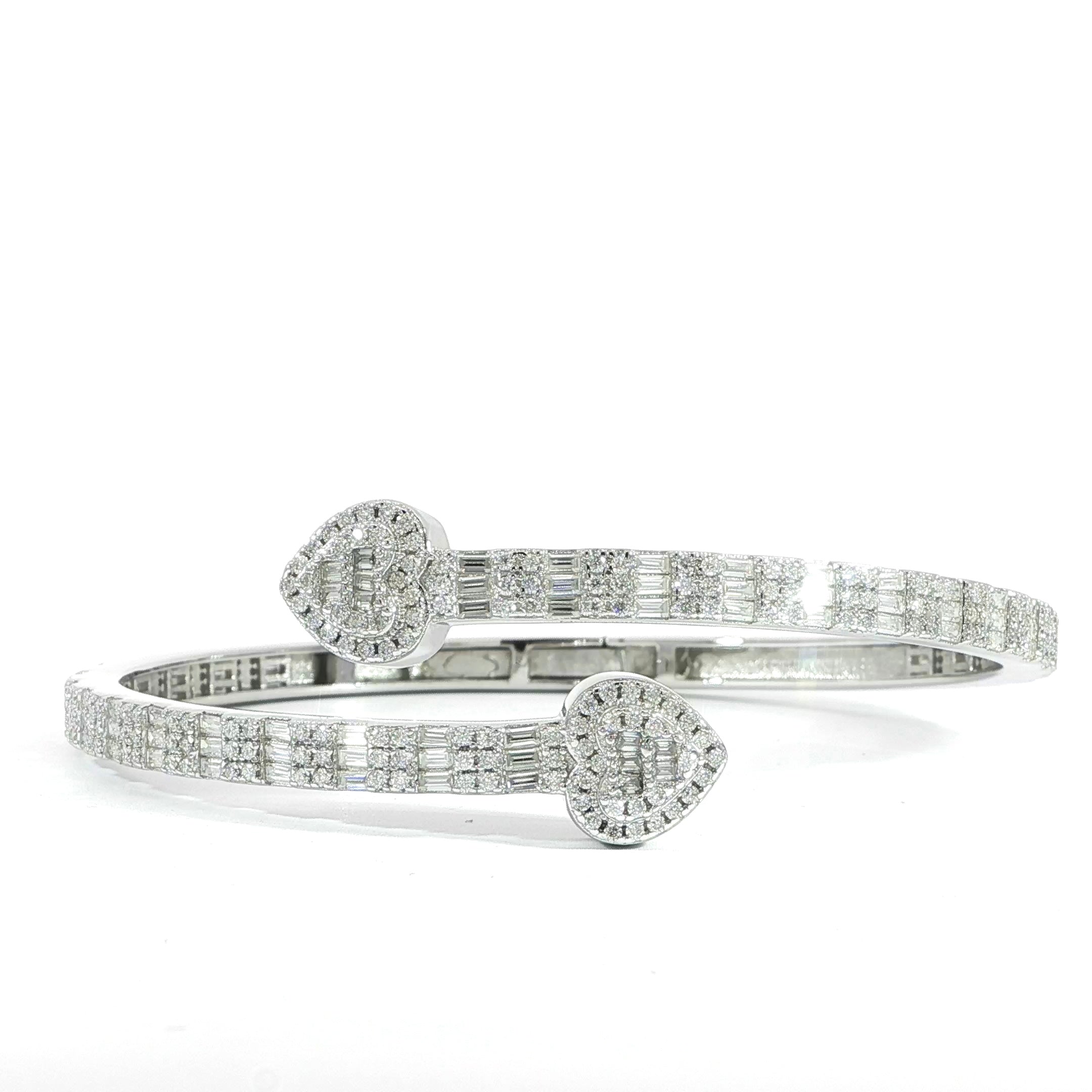 Sterling Silver Heart-End Bangle Bracelet with VVS Moissanite Stones