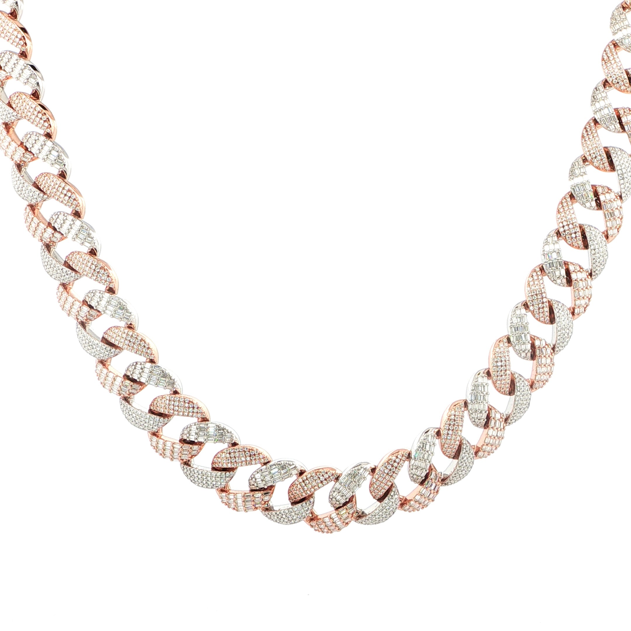 Sterling Silver Solid Miami Cuban Chain Necklace, 16mm, VVS Moissanite Stones, 42.21 Total Carats