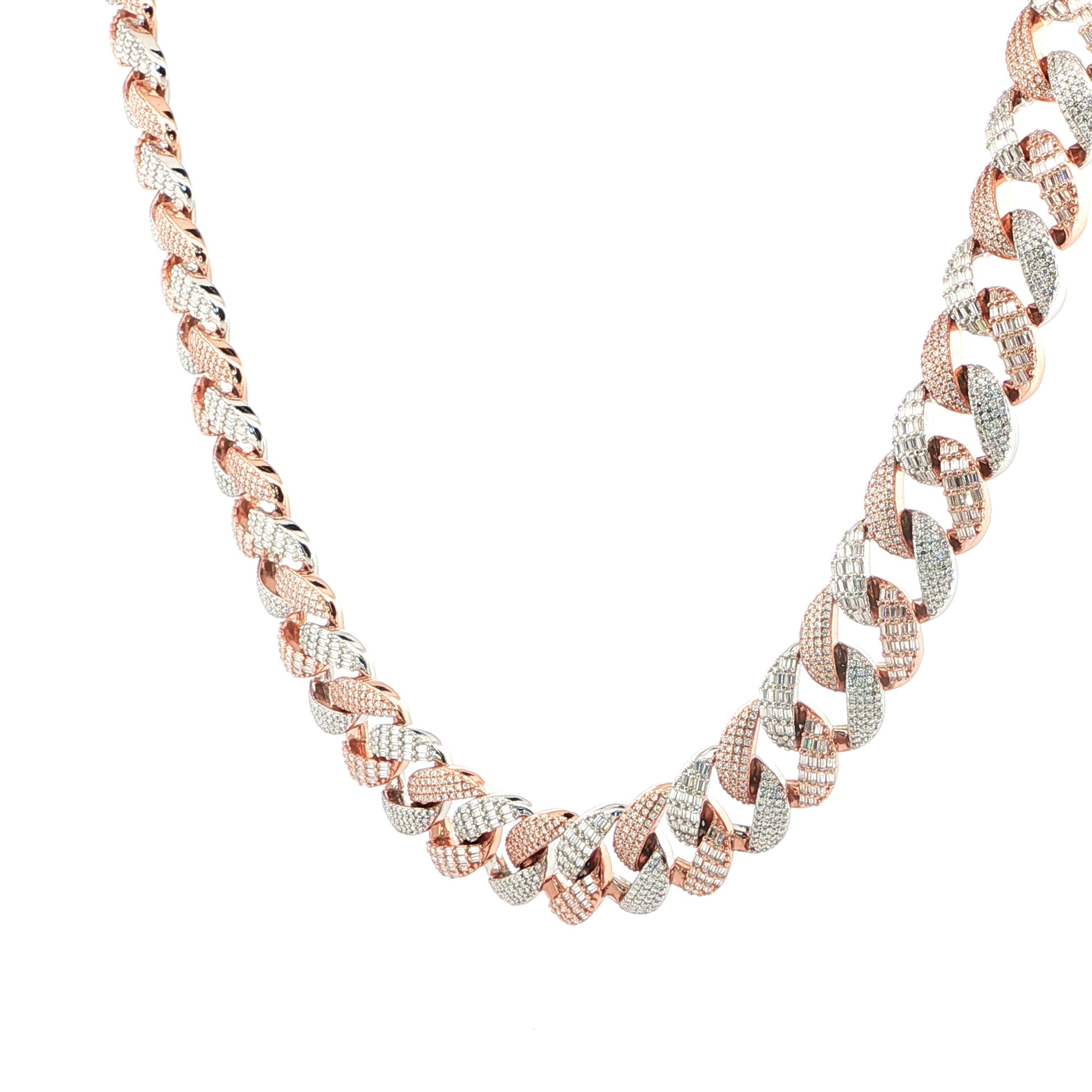 Sterling Silver Solid Miami Cuban Chain Necklace, 16mm, VVS Moissanite Stones, 42.21 Total Carats